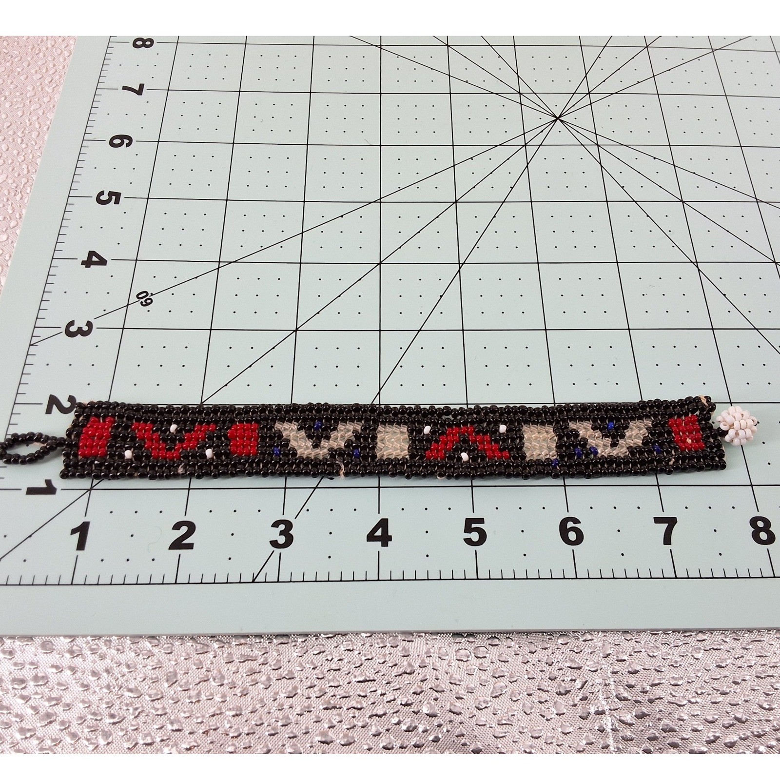 Handmade Seed Bead Cuff Bracelet Black Red White Geometric Tribal Boho 7.5 Inch