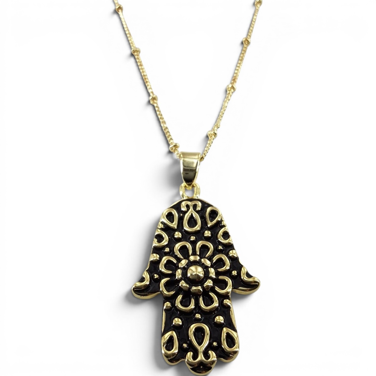 Gold Tone Hamsa Hand Pendant Necklace Black Enamel Satellite Chain