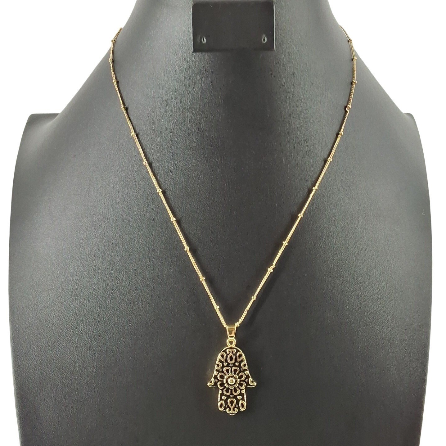 Gold Tone Hamsa Hand Pendant Necklace Black Enamel Satellite Chain