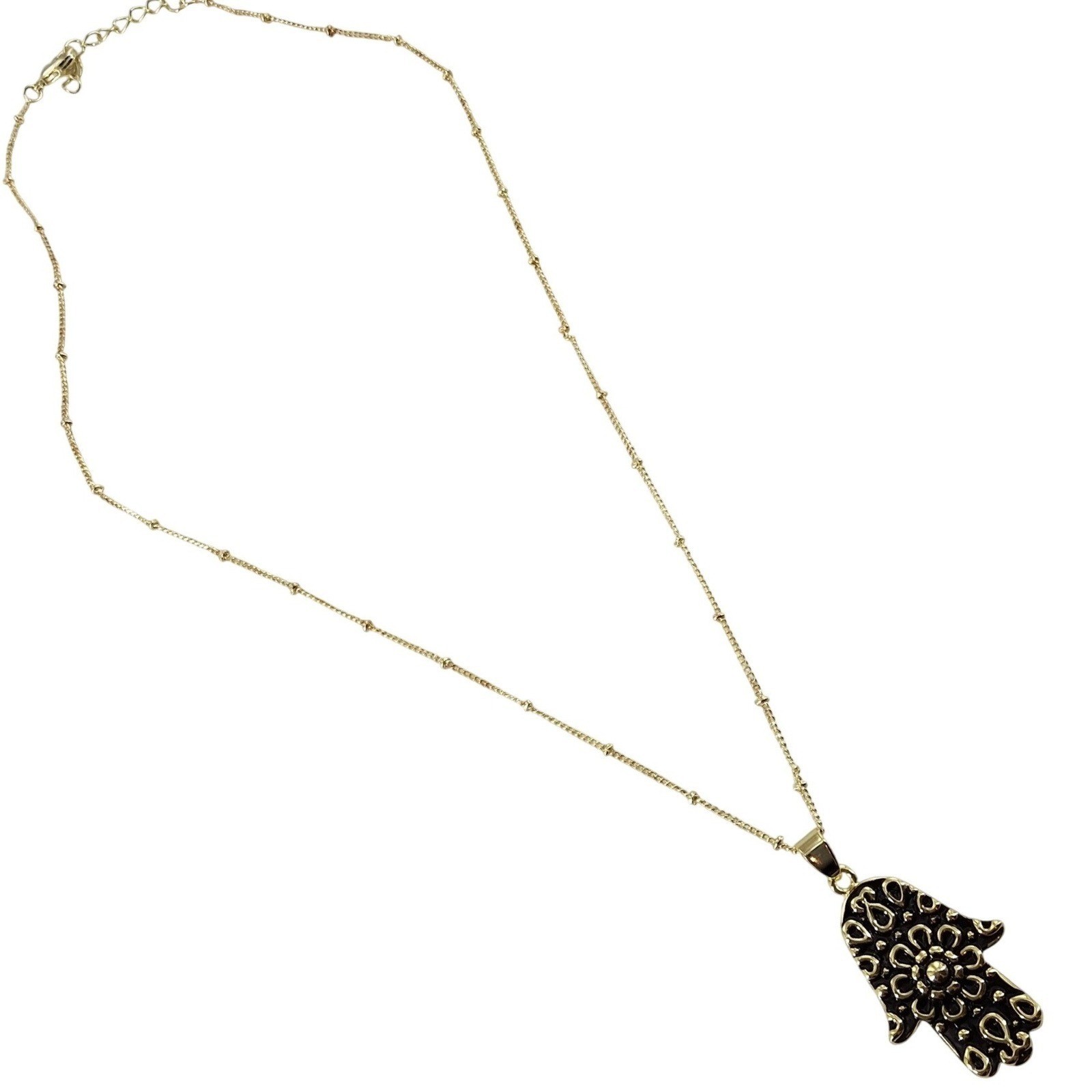 Gold Tone Hamsa Hand Pendant Necklace Black Enamel Satellite Chain - View 5
