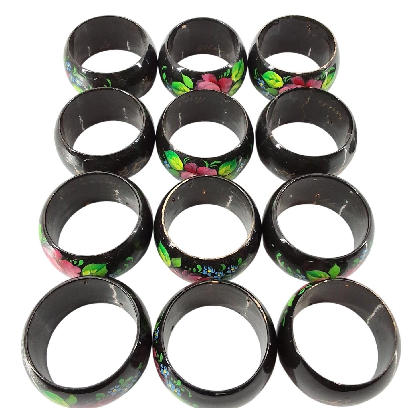 Vintage Russian Hand Painted Lacquer Wood Napkin Rings Set of 12 - View 6
