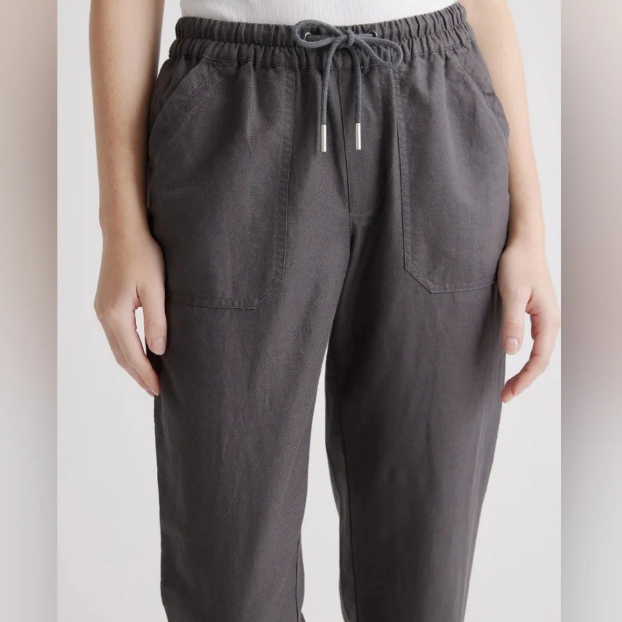 Quince Organic Cotton Linen Straight Leg Pants Charcoal Grey Drawstring Small - View 3