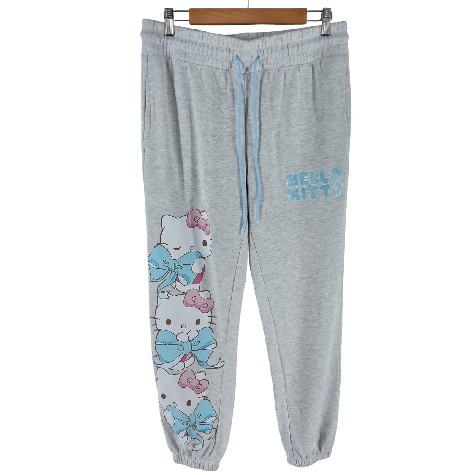 Hello Kitty Heather Grey Graphic Jogger Sweatpants Sanrio Blue Bows Medium