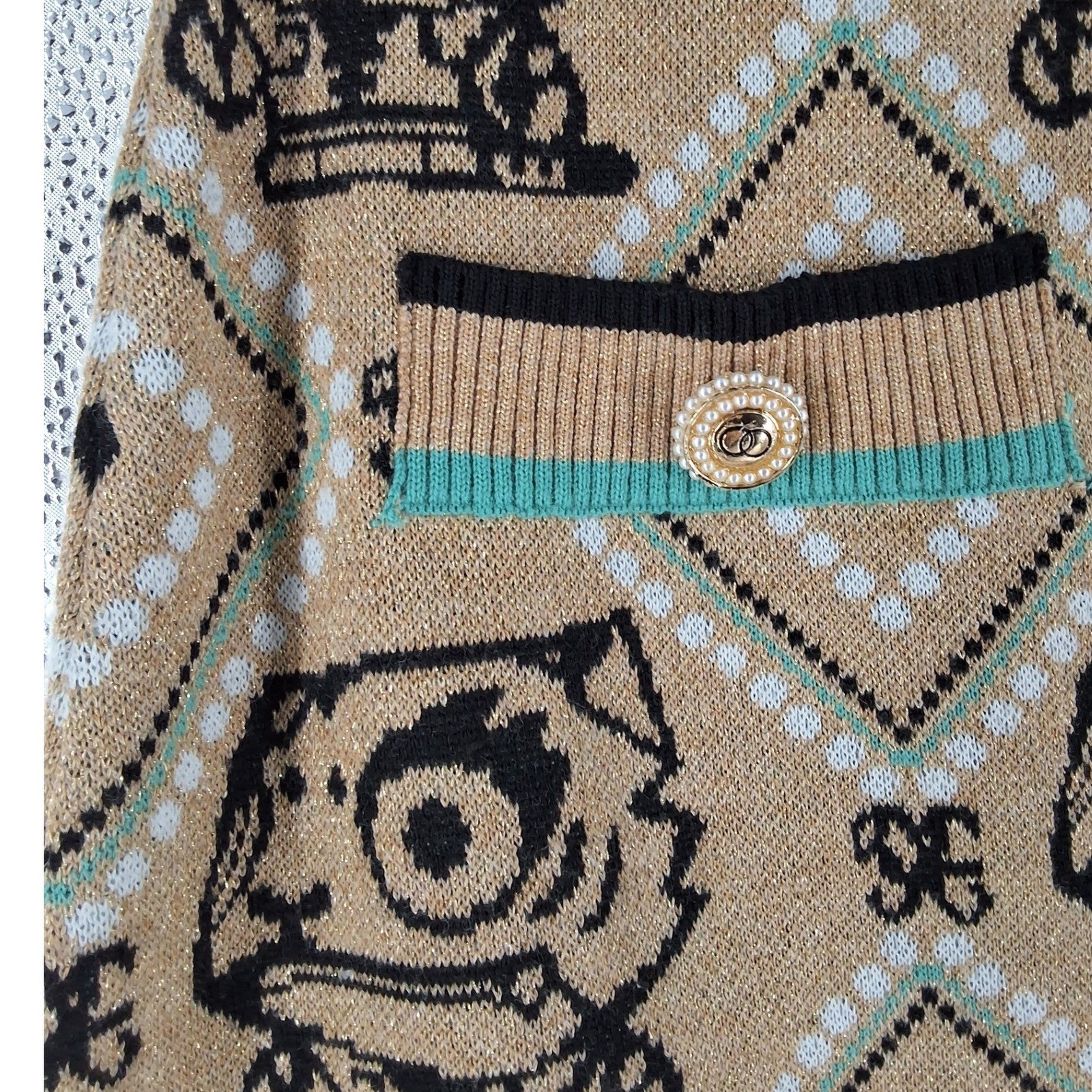 YF Metallic Knit Tiger Heart Argyle Mini Skirt Tan Teal Pearl Button Accent - View 3