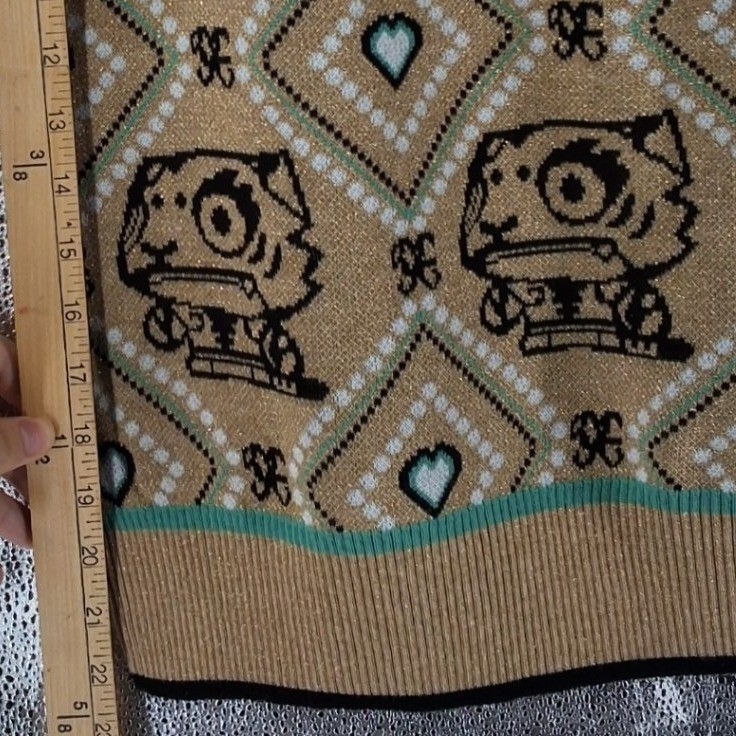 YF Metallic Knit Tiger Heart Argyle Mini Skirt Tan Teal Pearl Button Accent - View 5