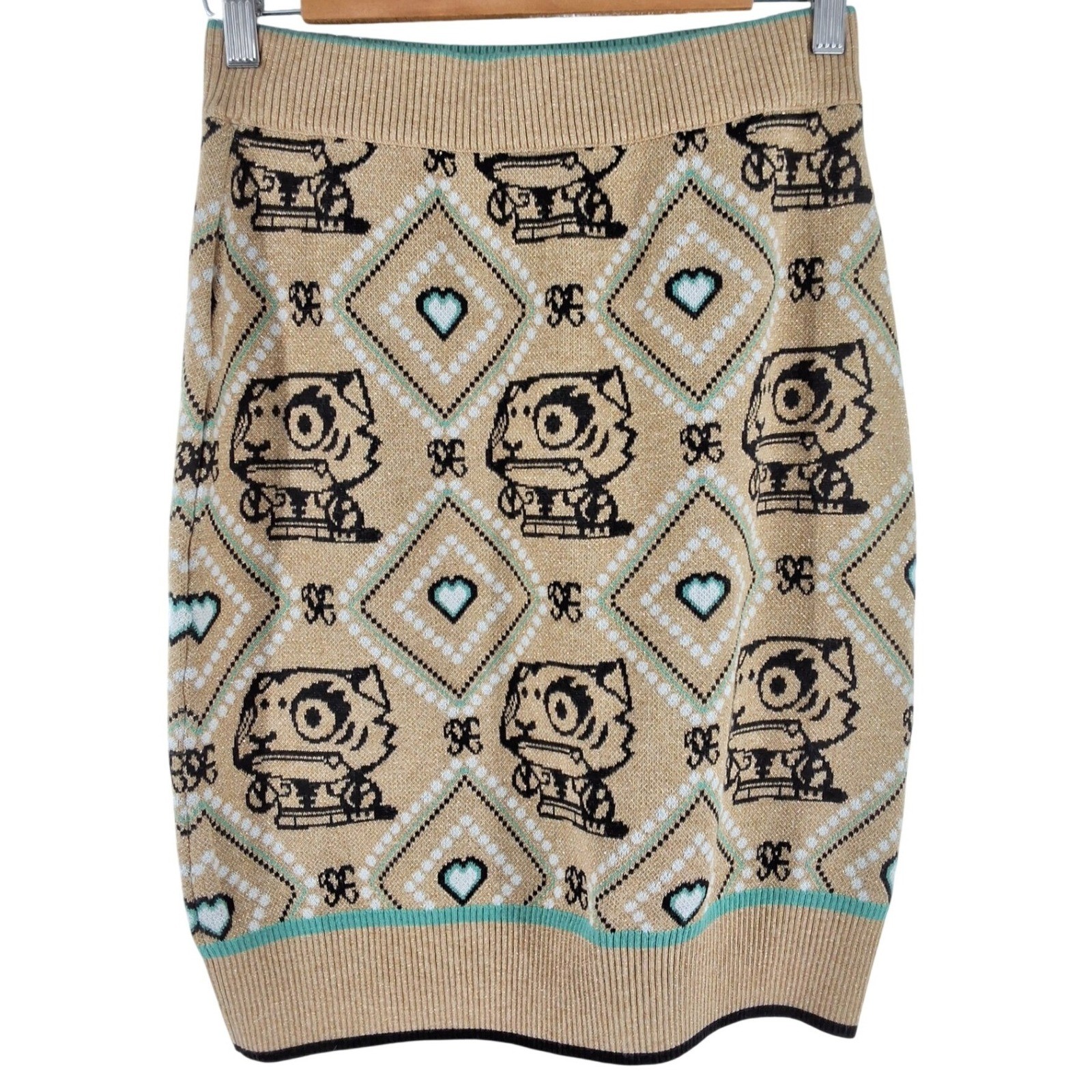 YF Metallic Knit Tiger Heart Argyle Mini Skirt Tan Teal Pearl Button Accent - View 7
