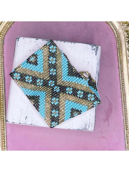 Handmade Geometric Seed Bead Cuff Bracelet White Green Boho Southwestern Wide - View 15