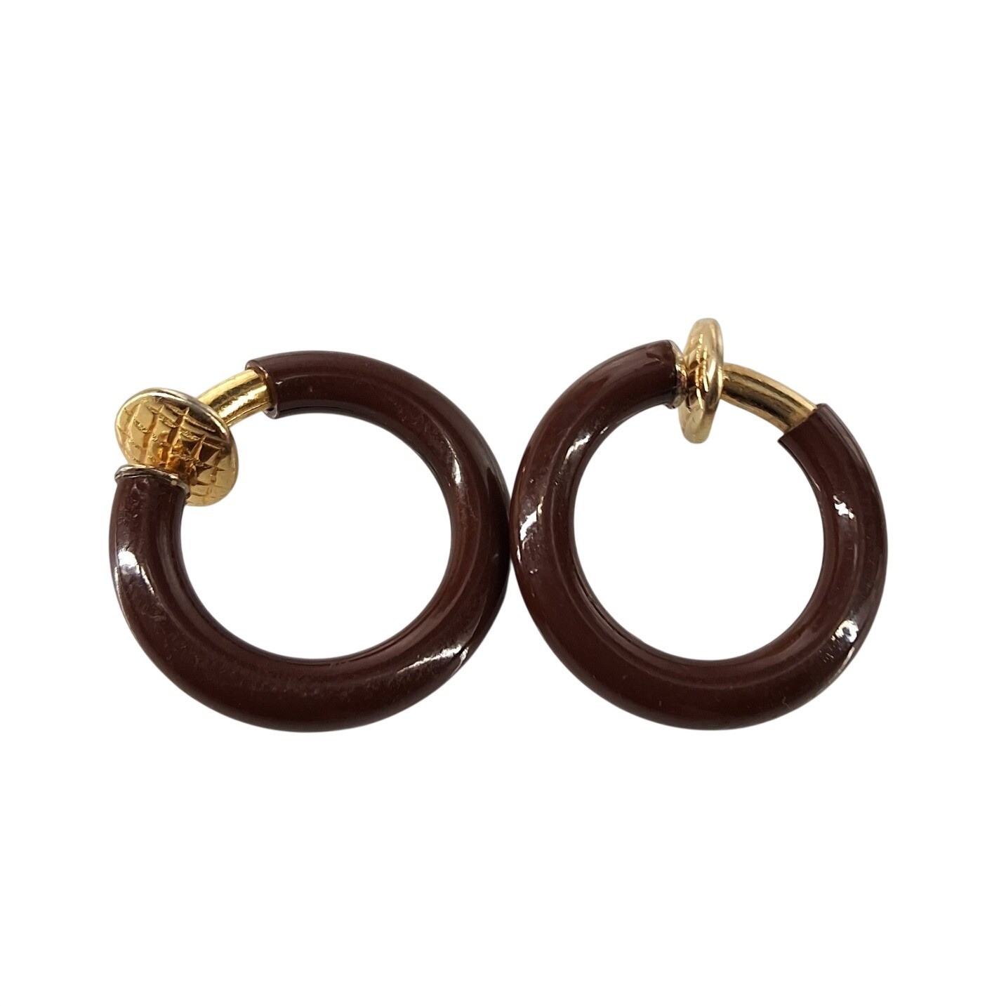 Vintage 80s Brown Resin Gold Tone Spring-Loaded Clip On Hoop Earrings