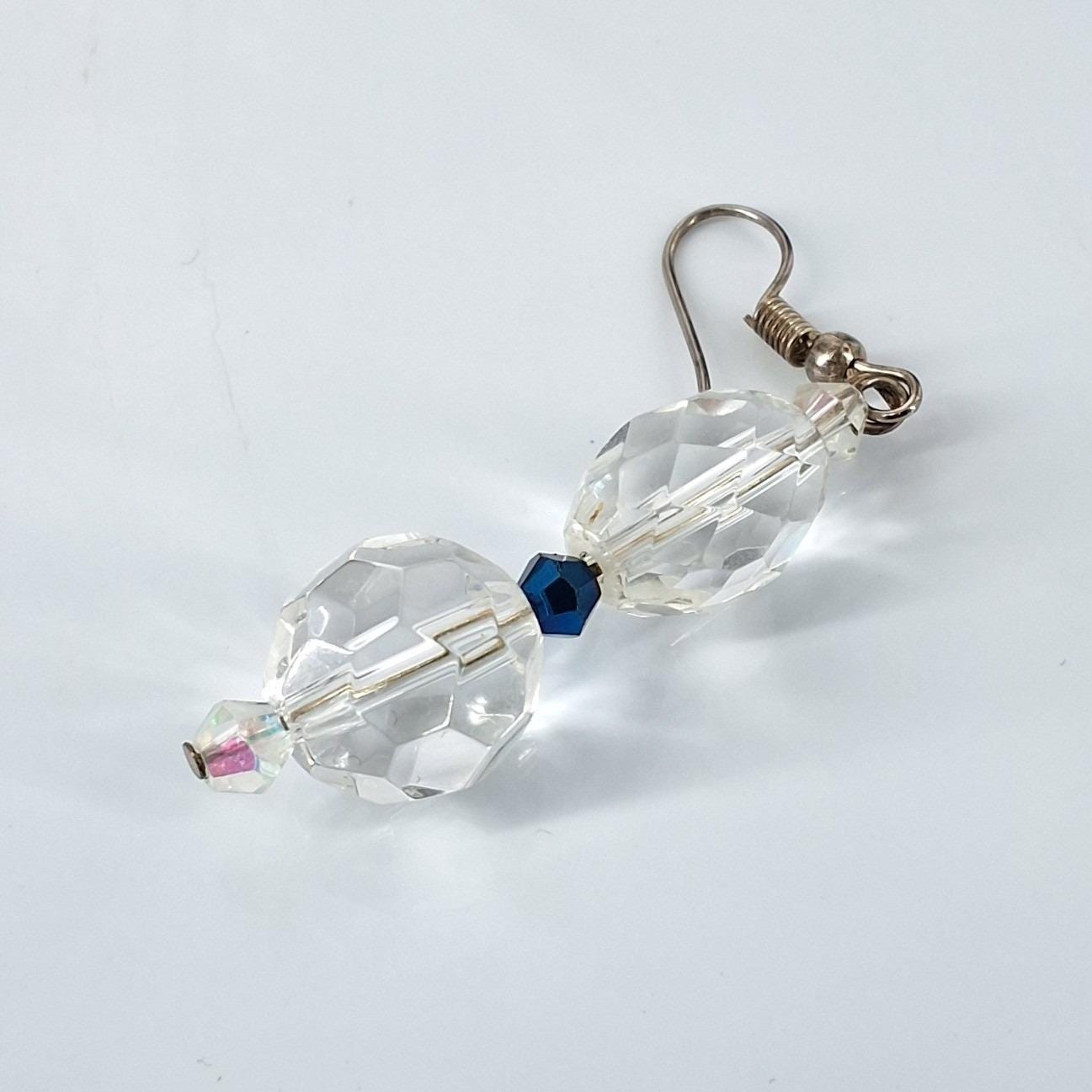 Vintage Style Clear Faceted Glass Blue Crystal Drop Earrings Silver Tone Hooks - View 4