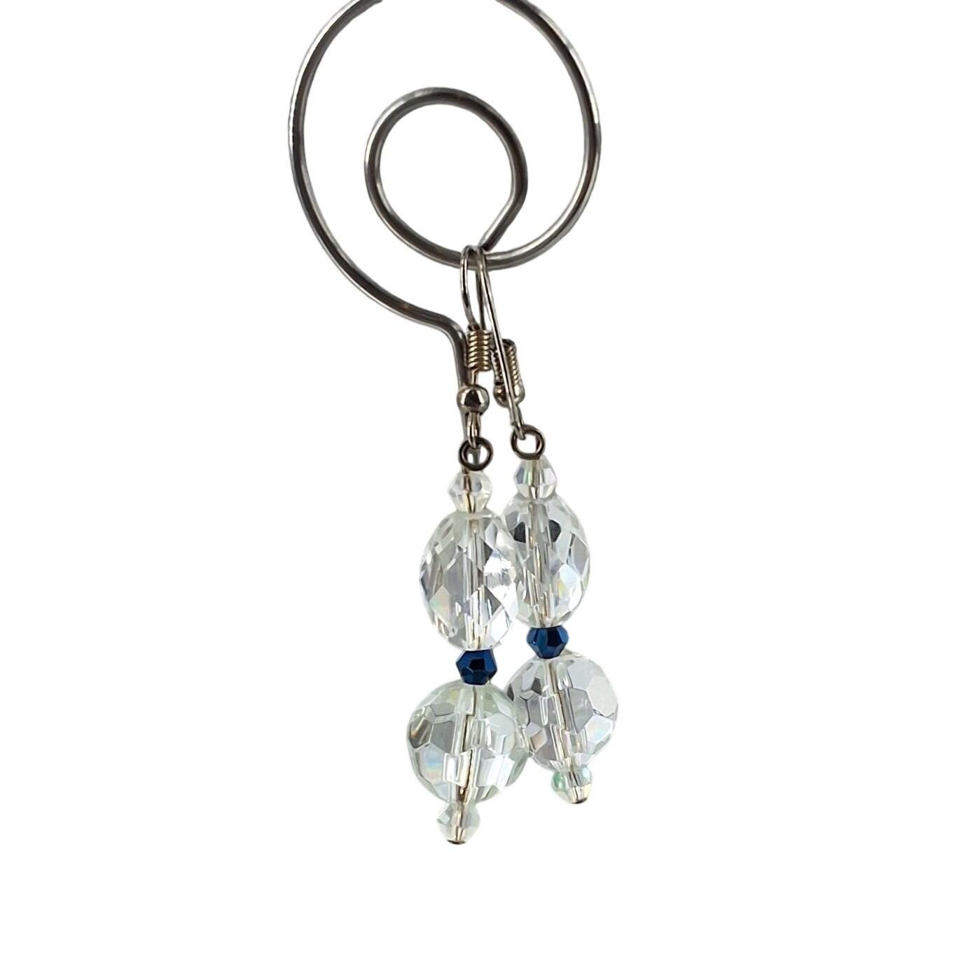 Vintage Style Clear Faceted Glass Blue Crystal Drop Earrings Silver Tone Hooks - View 5