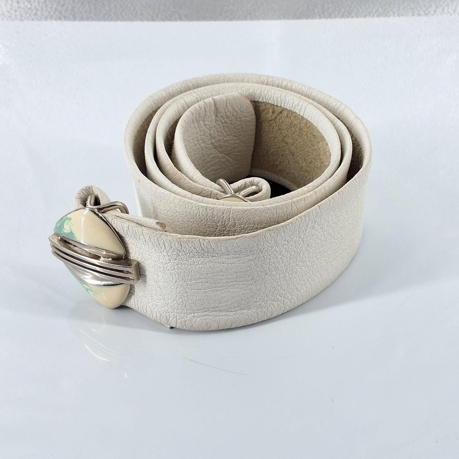 Vintage 80s Cream Goat Leather Cinch Belt Art Deco Enamel Butterfly Buckle 26.5" - View 6