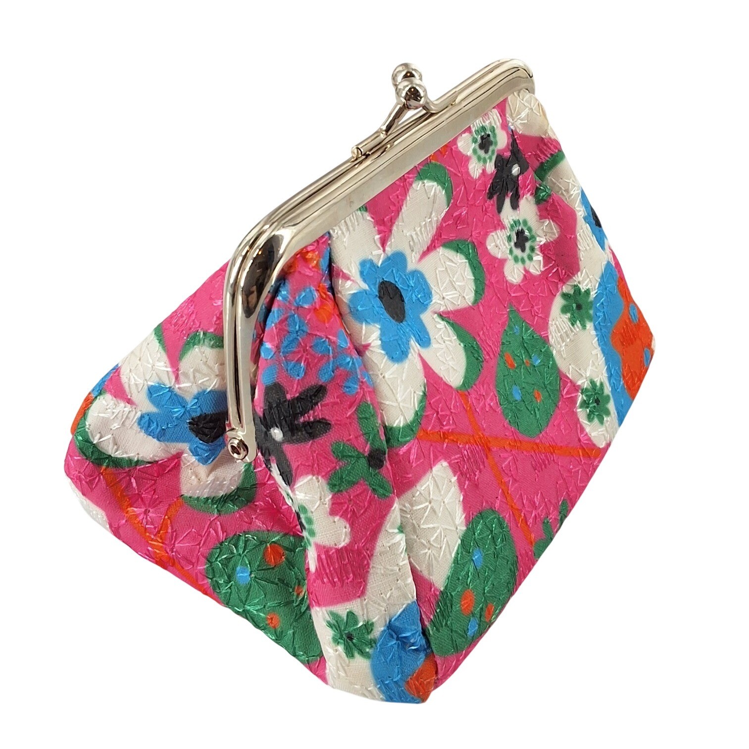 Vintage Style Pink Floral Jaquard Kiss Lock Coin Purse Pouch