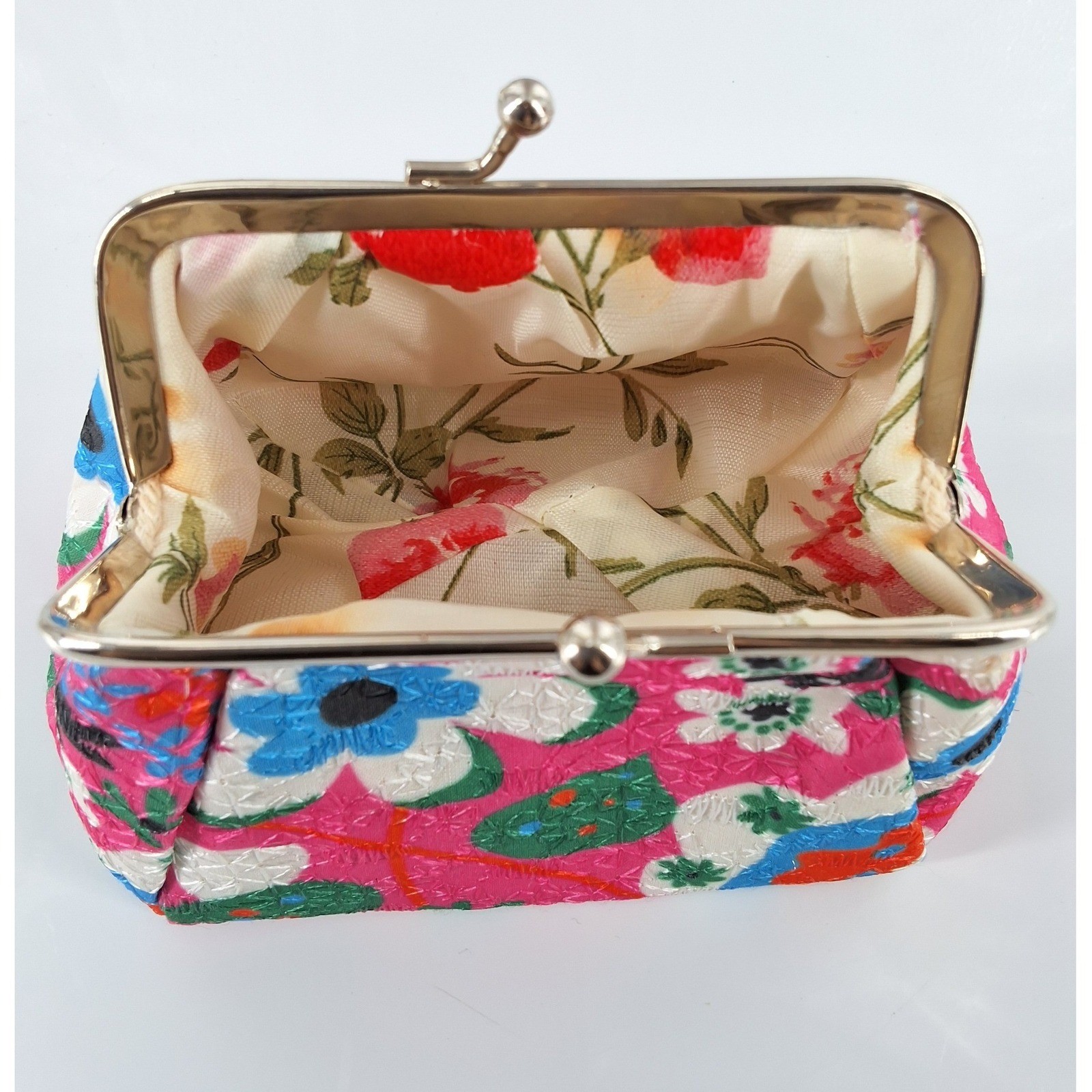 Vintage Style Pink Floral Jaquard Kiss Lock Coin Purse Pouch