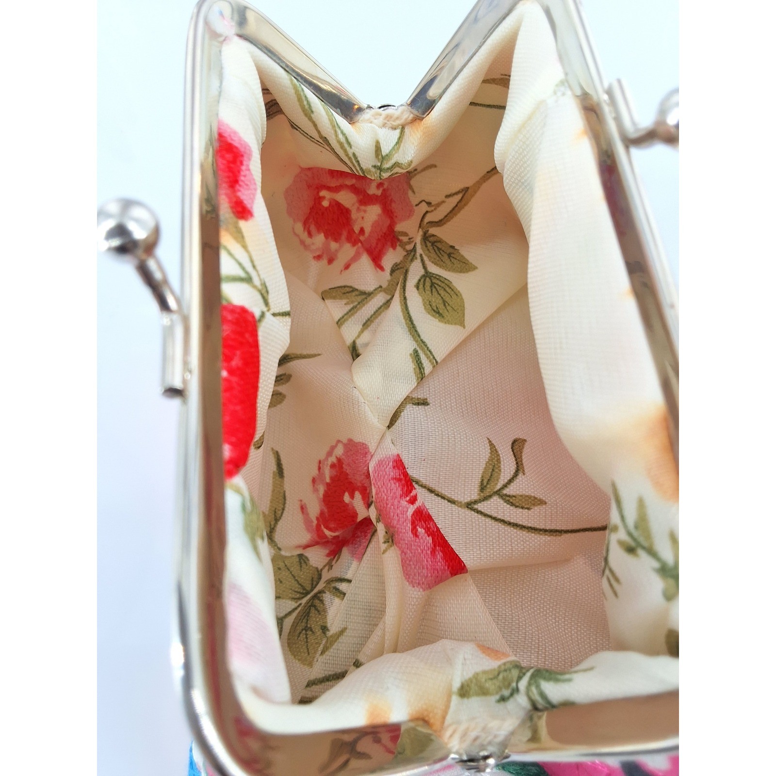 Vintage Style Pink Floral Jaquard Kiss Lock Coin Purse Pouch - View 5