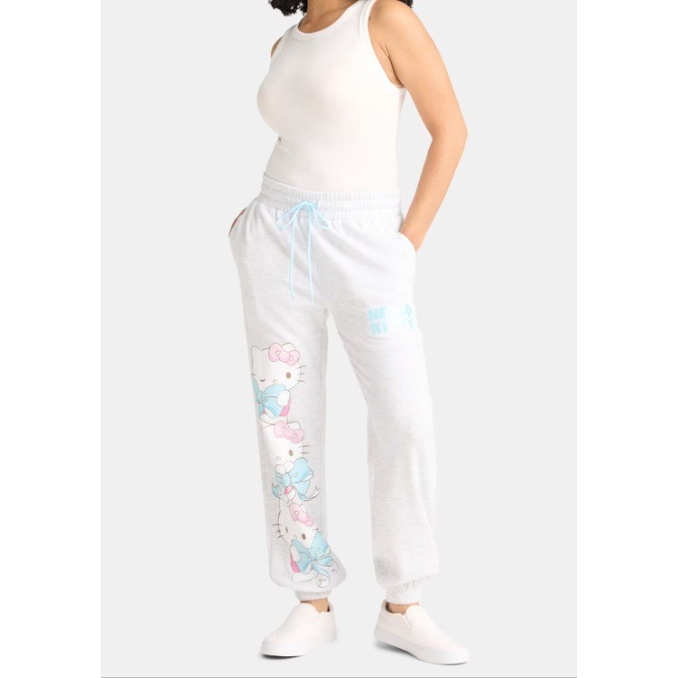 Hello Kitty Heather Grey Graphic Jogger Sweatpants Sanrio Blue Bows Medium - View 10