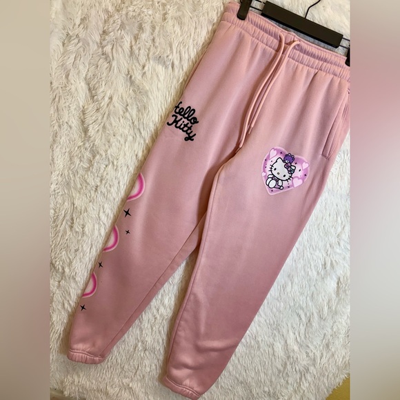 Hello Kitty Heather Grey Graphic Jogger Sweatpants Sanrio Blue Bows Medium - View 15