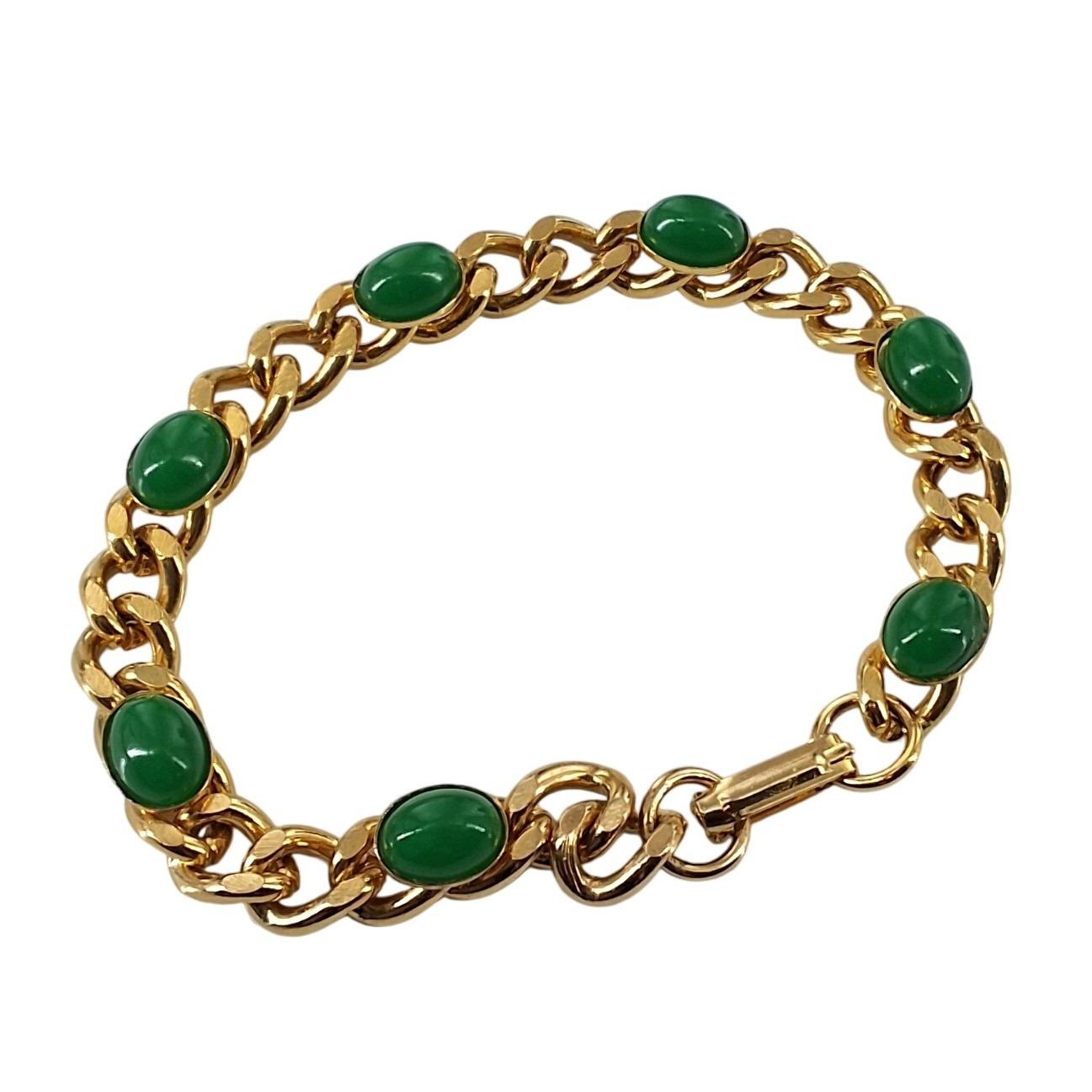 Vintage Gold Tone Curb Chain Bracelet Green Oval Cabochon Faux Jade 7.5"