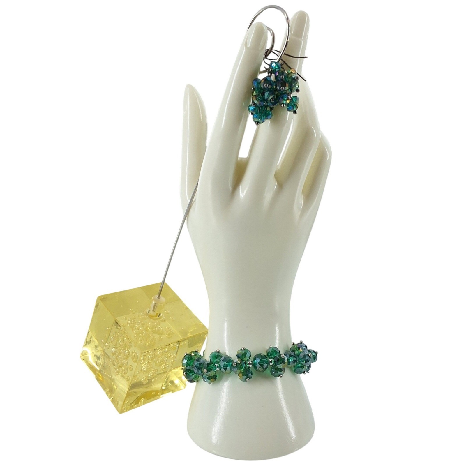 Handmade Emerald Green Iridescent Glass Bead Stretch Bracelet & Cluster Earrings