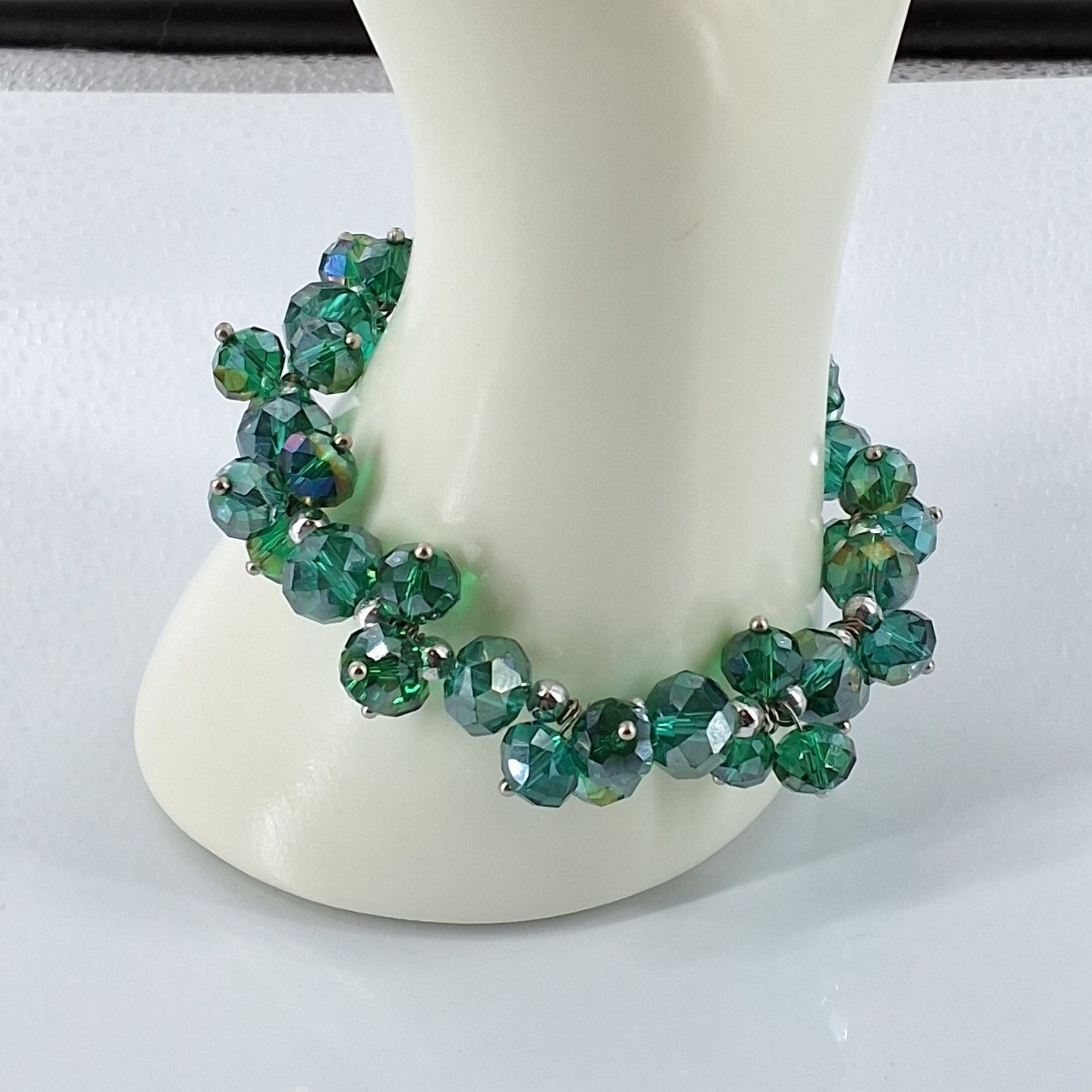 Handmade Emerald Green Iridescent Glass Bead Stretch Bracelet & Cluster Earrings - View 3