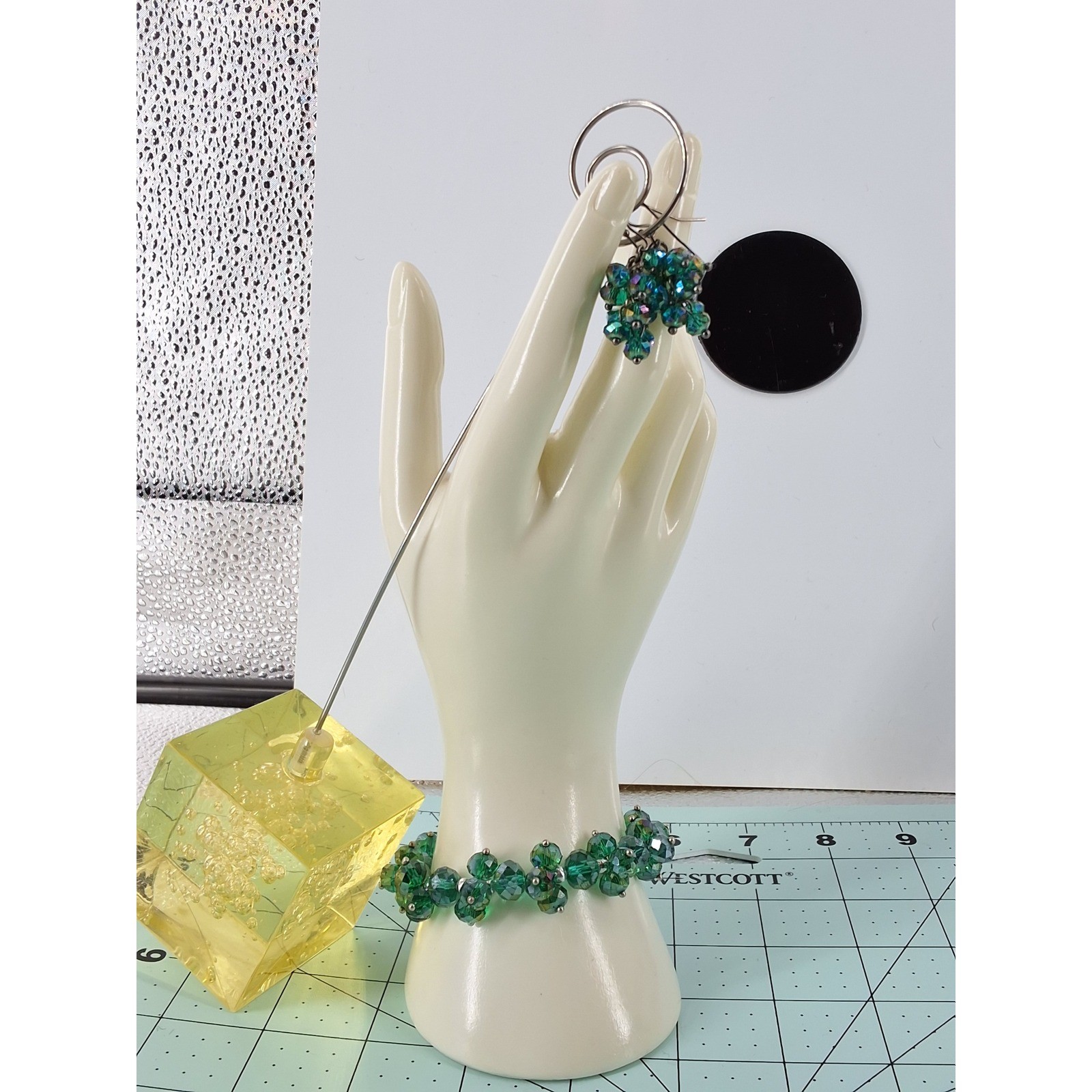 Handmade Emerald Green Iridescent Glass Bead Stretch Bracelet & Cluster Earrings - View 4