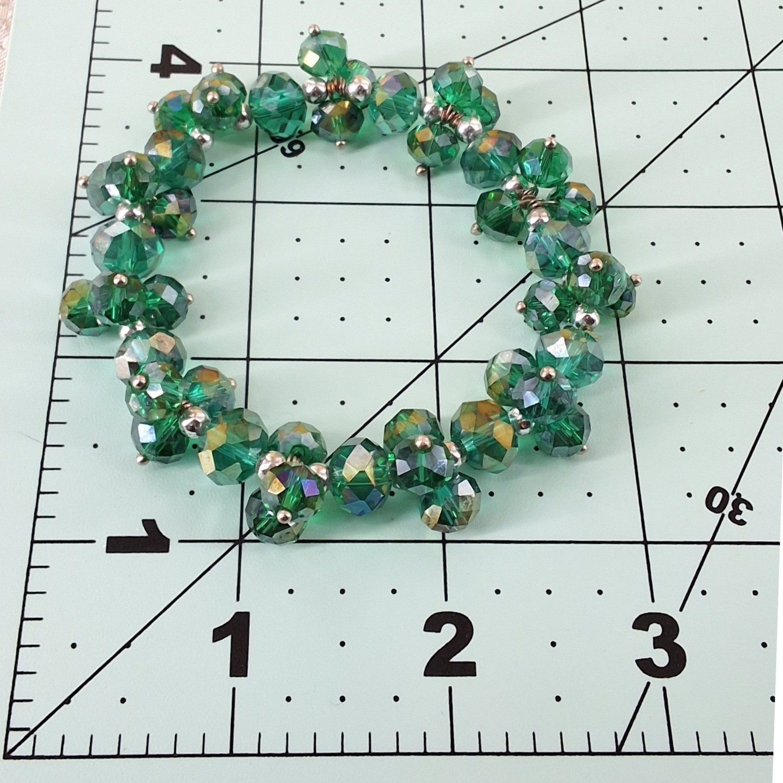 Handmade Emerald Green Iridescent Glass Bead Stretch Bracelet & Cluster Earrings - View 8