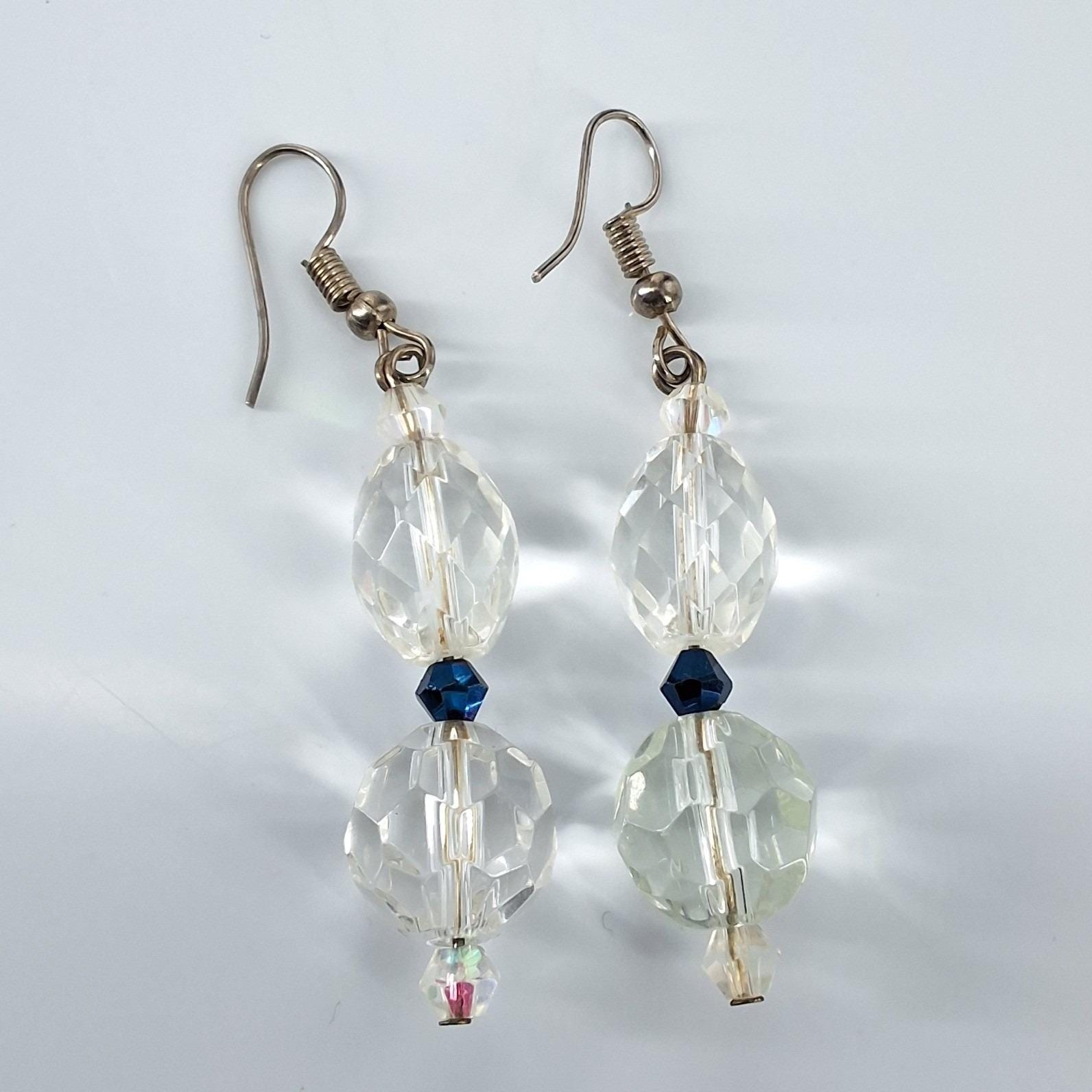 Vintage Style Clear Faceted Glass Blue Crystal Drop Earrings Silver Tone Hooks - View 3