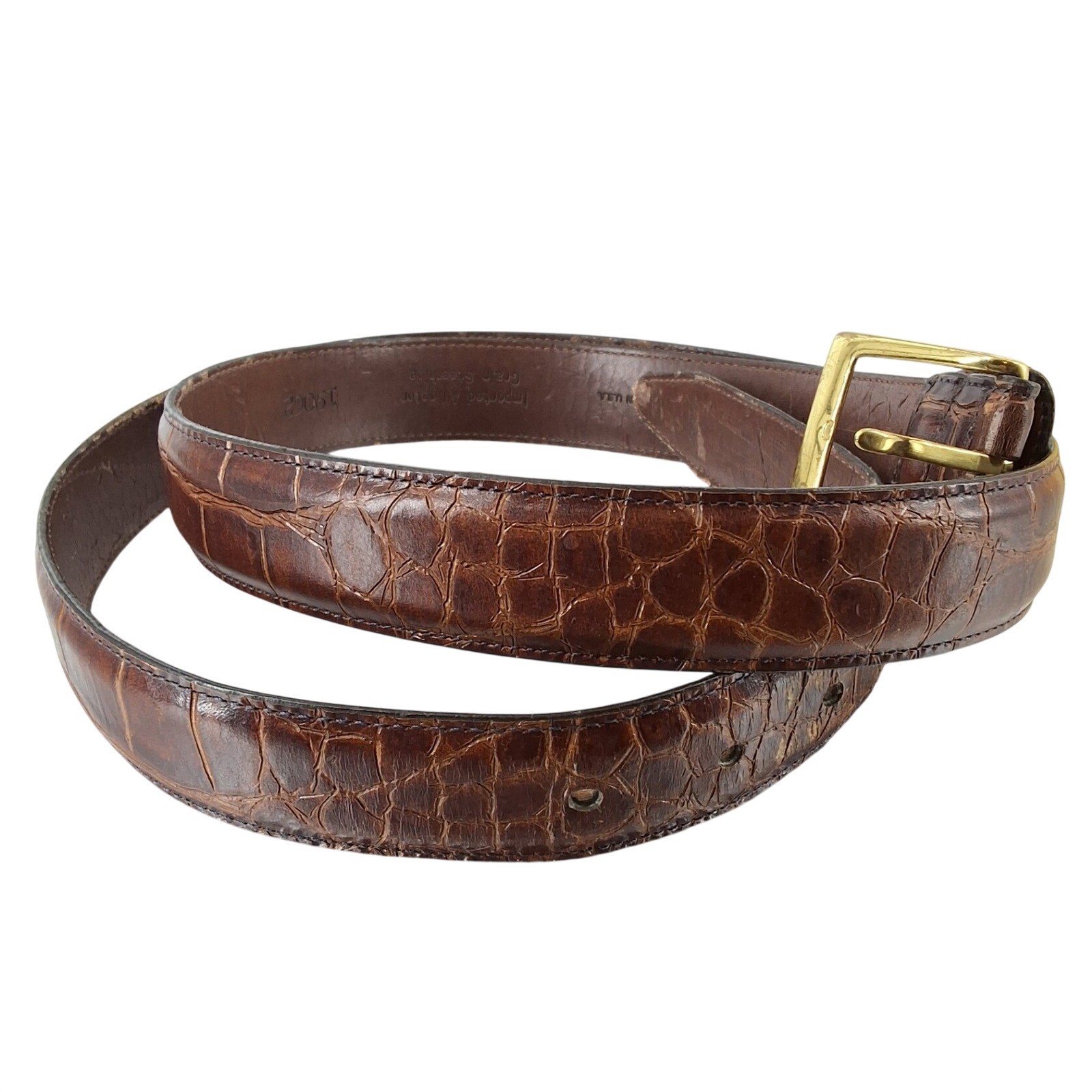 Vintage Brown Alligator Grain Steerhide Leather Dress Belt Gold Buckle 44