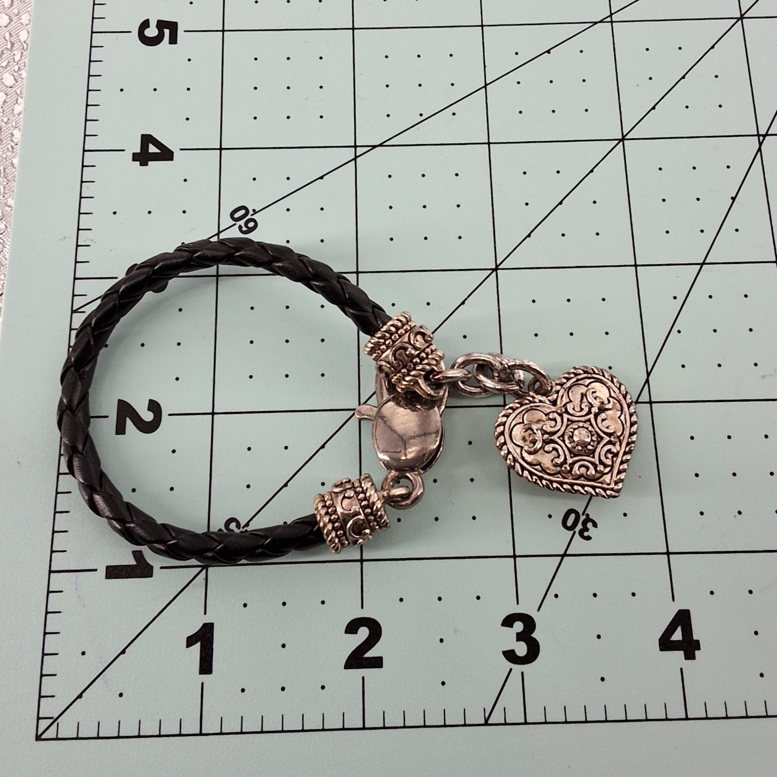 Brighton Black Braided Leather Heart Charm Bracelet Silver Tone Scrollwork