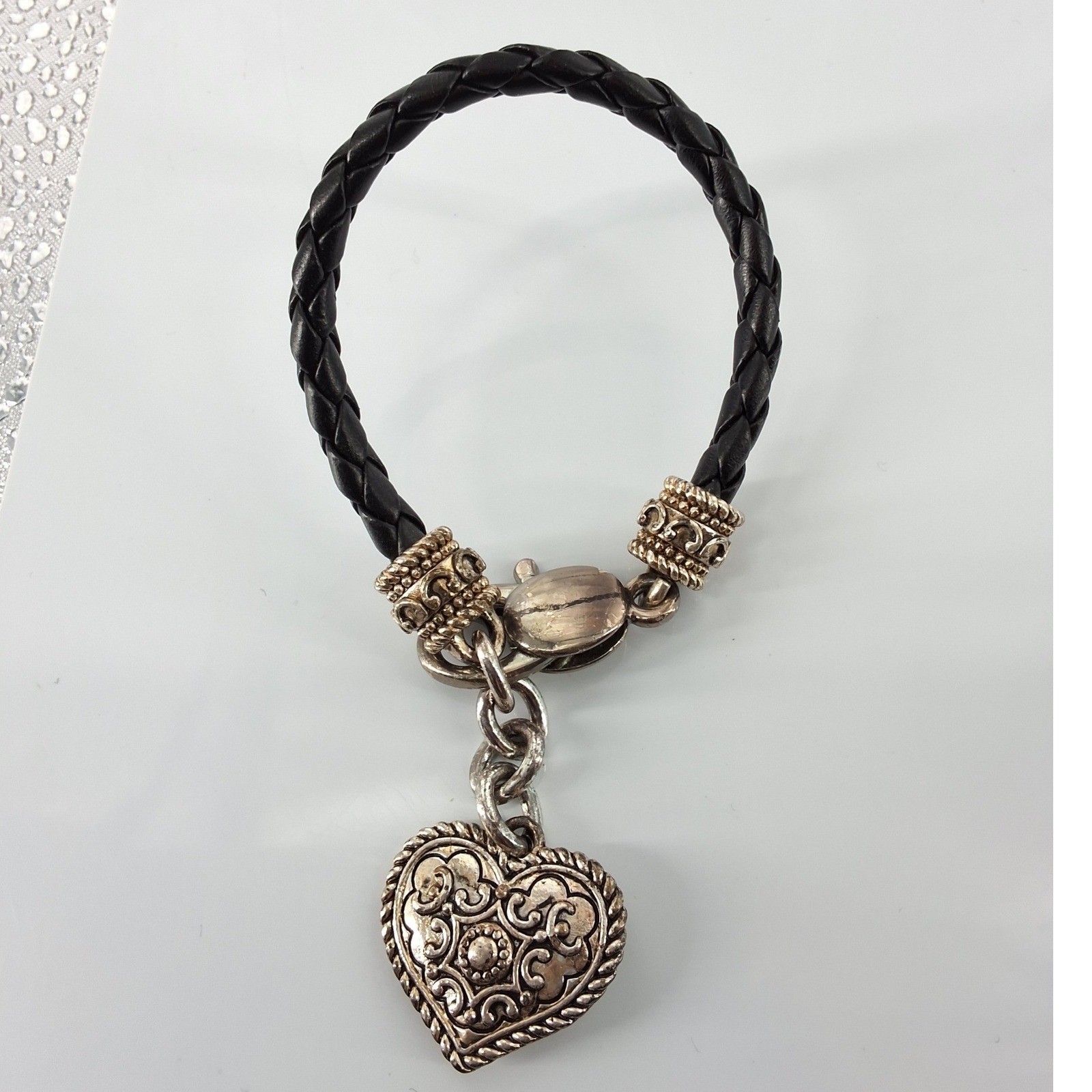 Brighton Black Braided Leather Heart Charm Bracelet Silver Tone Scrollwork - View 4