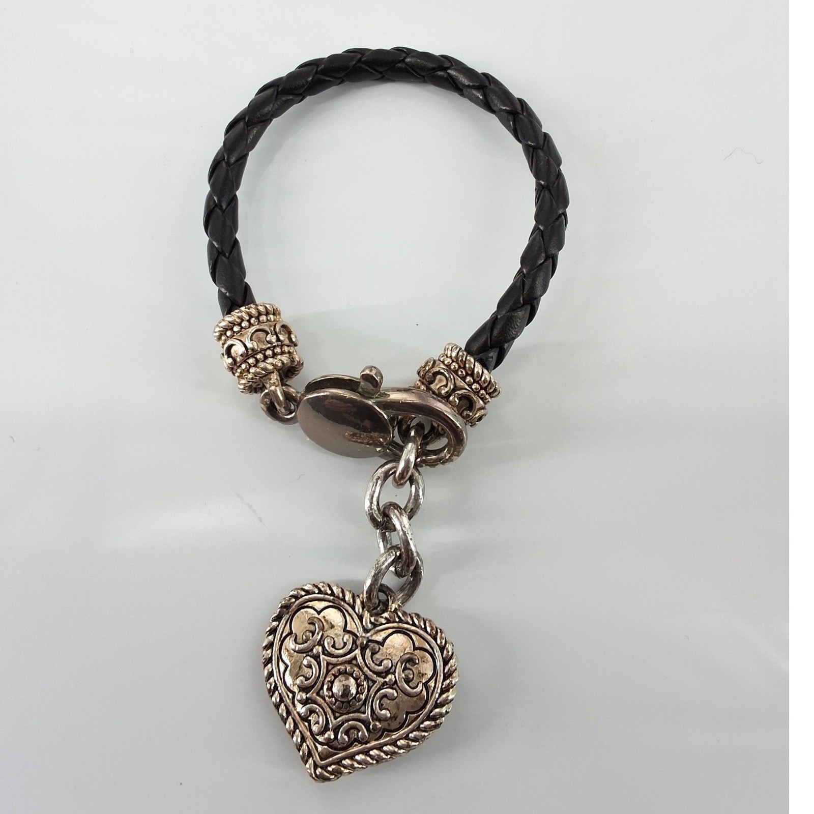 Brighton Black Braided Leather Heart Charm Bracelet Silver Tone Scrollwork - View 5