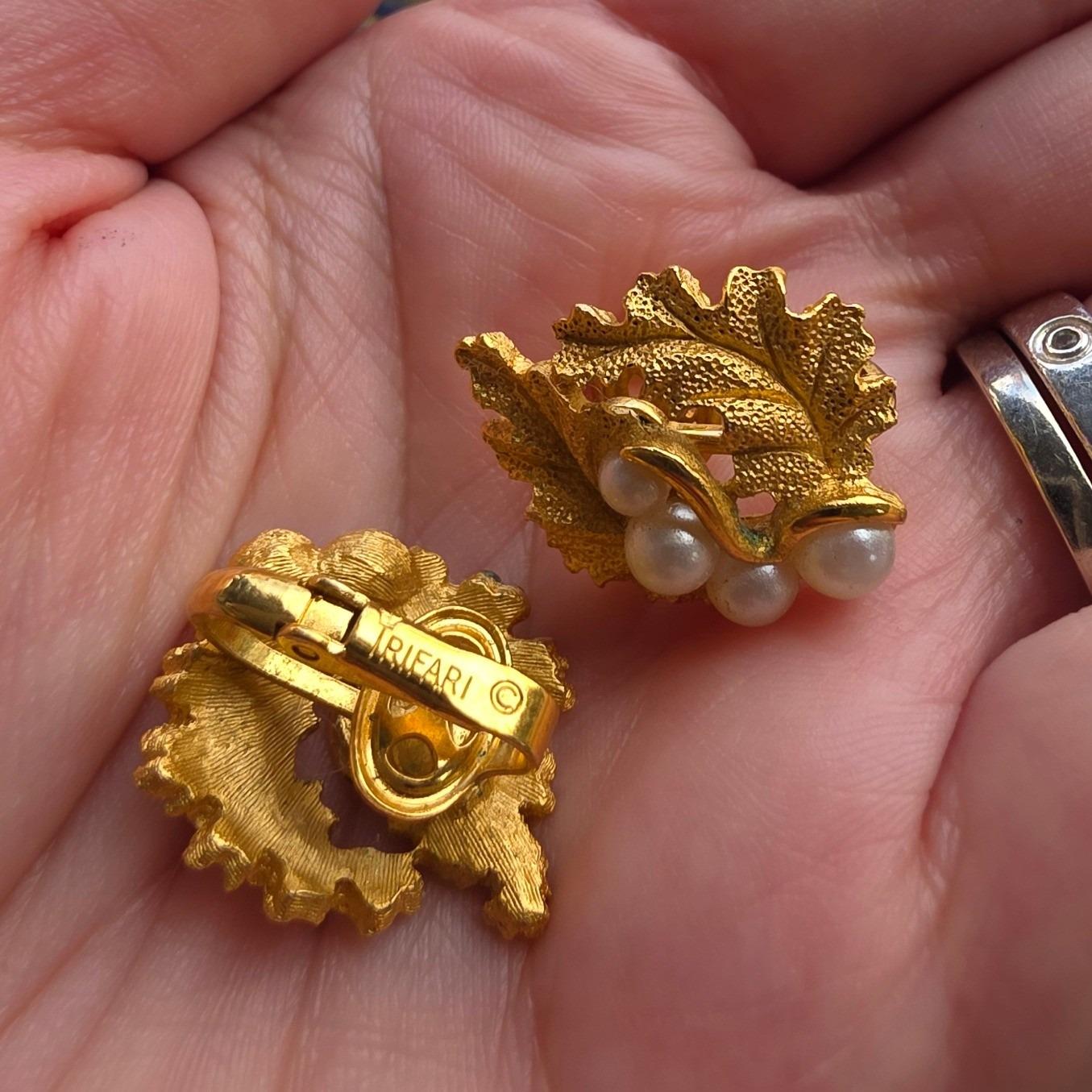 Vintage Crown Trifari Gold-Tone Faux Pearl Oak Leaf Clip-On Earrings
