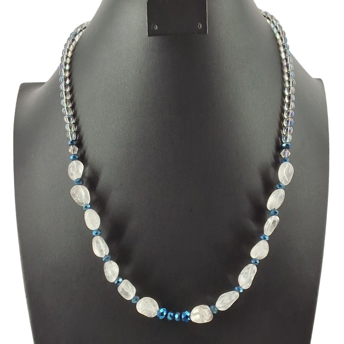Clear Quartz Nugget Beaded Necklace Iridescent Glass Blue Accents Boho 24 Inch