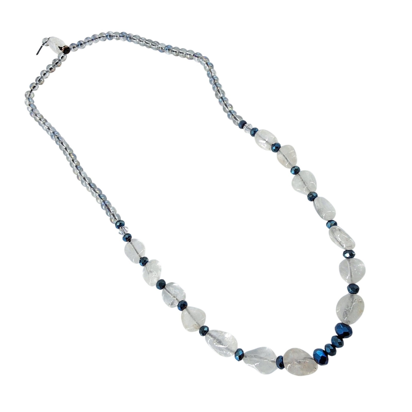 Clear Quartz Nugget Beaded Necklace Iridescent Glass Blue Accents Boho 24 Inch - View 3