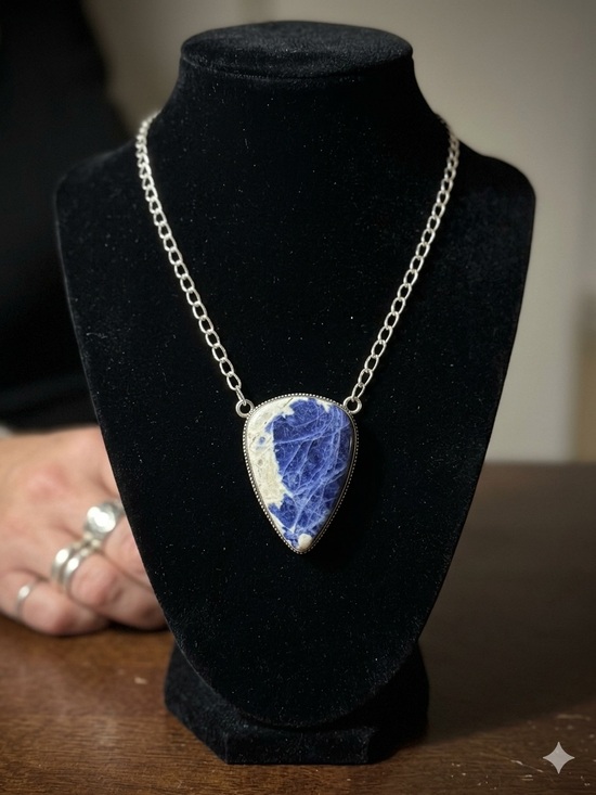 Vintage Sterling Silver 925 Cobalt Blue Glass Amethyst Teardrop Necklace 24" - View 32