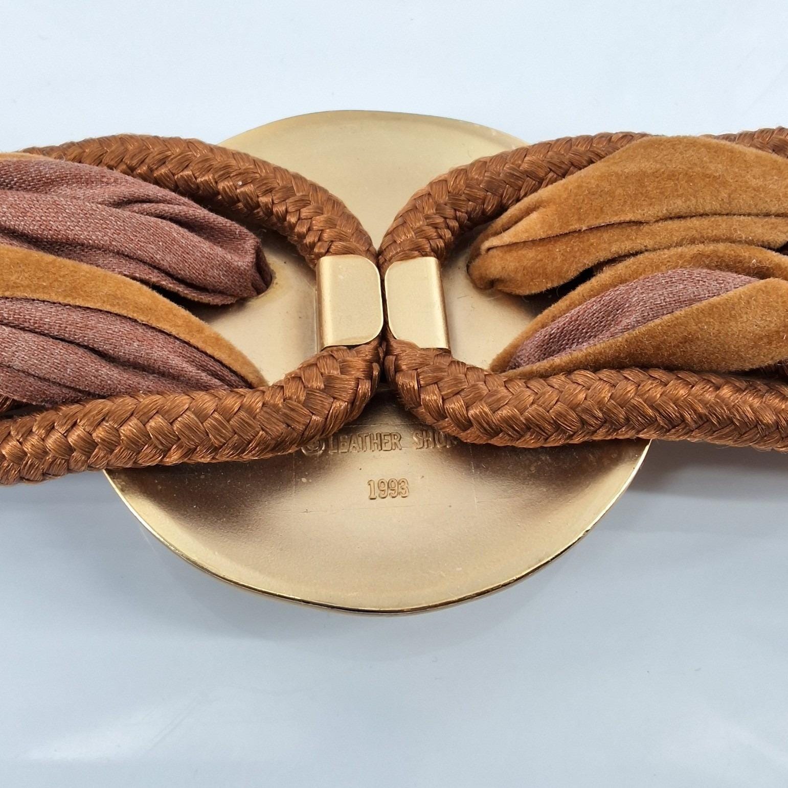 Vintage 1993 Leather Shop Braided Suede Leather Cord Belt Gold Medallion 26"