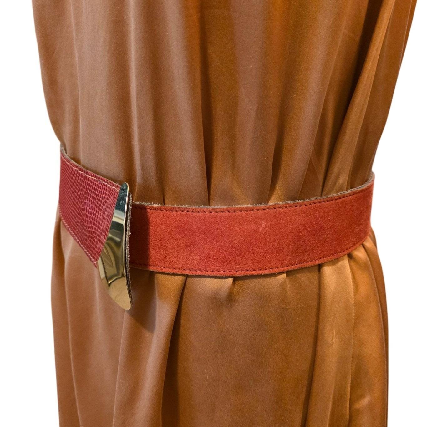 Carlson Vintage Red Leather Lizard Embossed Suede Belt Gold Modernist Buckle L - View 7