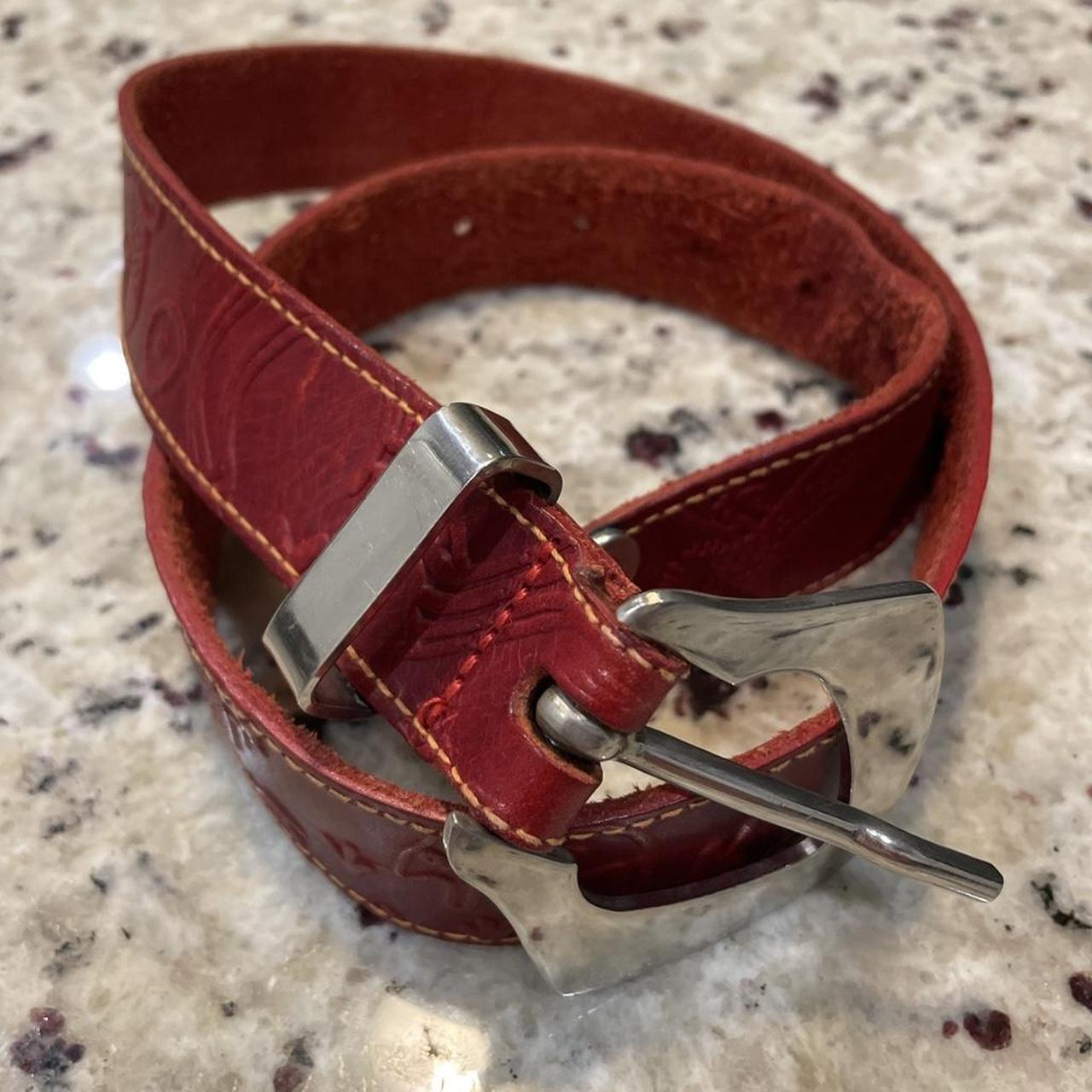 Carlson Vintage Red Leather Lizard Embossed Suede Belt Gold Modernist Buckle L - View 12