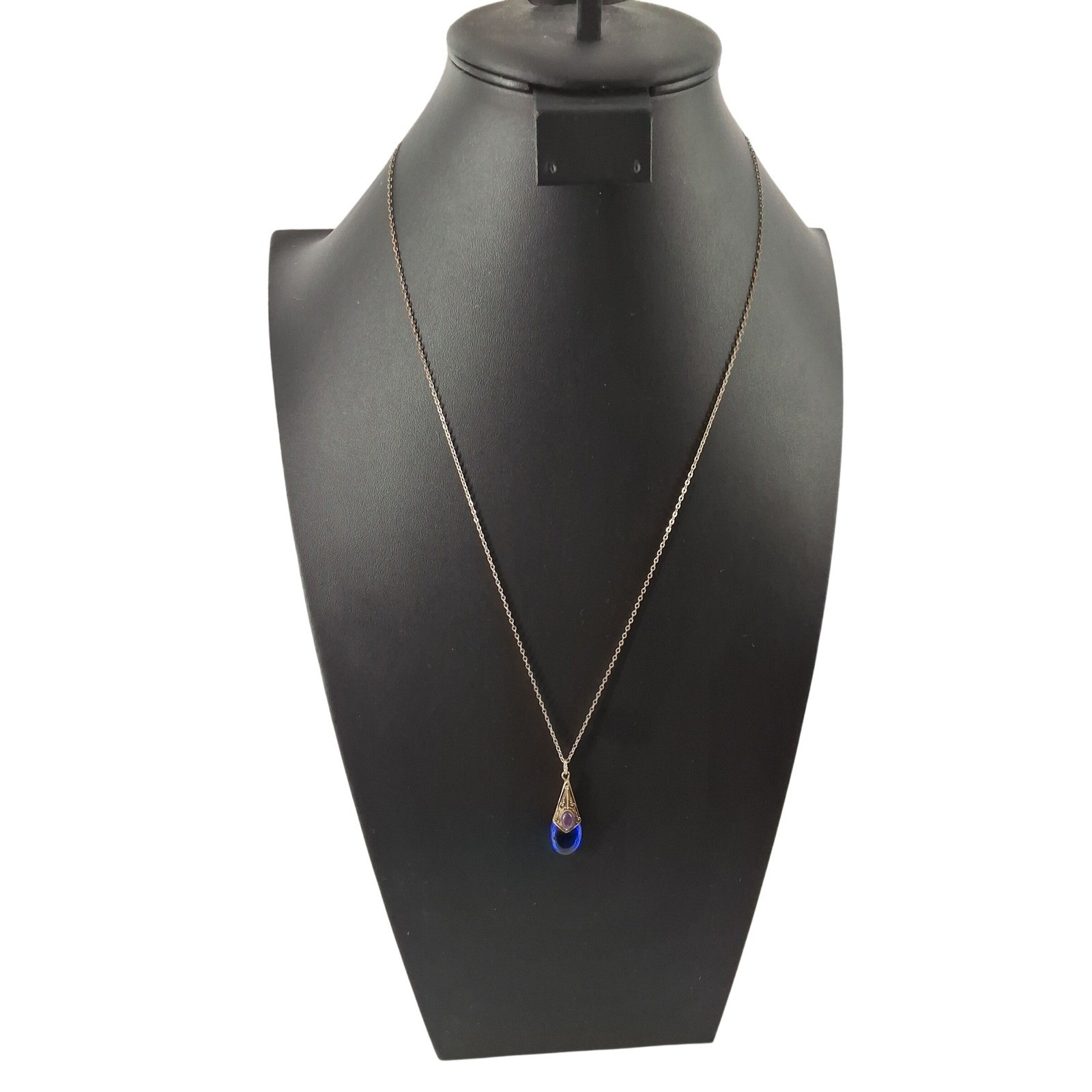 Vintage Sterling Silver 925 Cobalt Blue Glass Amethyst Teardrop Necklace 24" - View 3