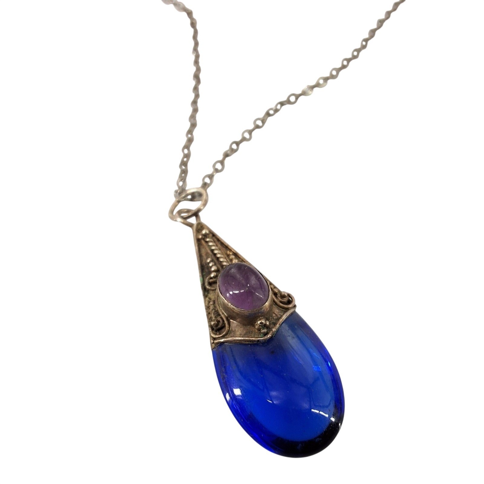 Vintage Sterling Silver 925 Cobalt Blue Glass Amethyst Teardrop Necklace 24" - View 6