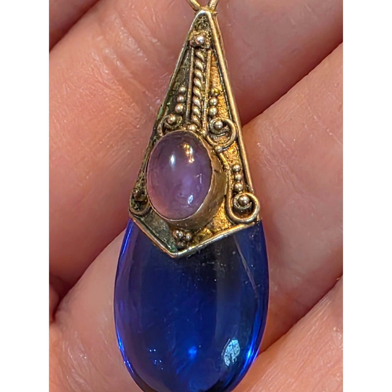 Vintage Sterling Silver 925 Cobalt Blue Glass Amethyst Teardrop Necklace 24" - View 8