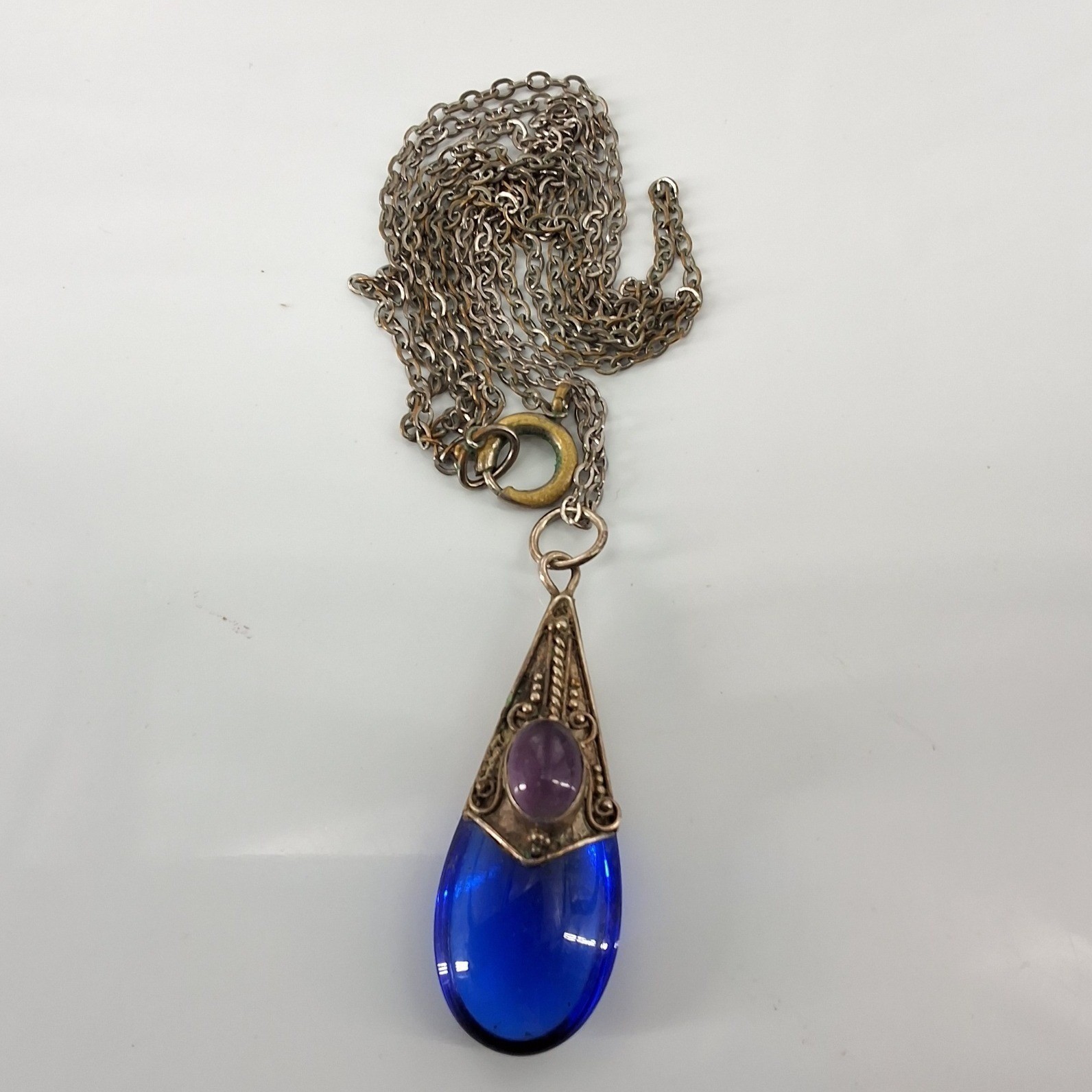 Vintage Sterling Silver 925 Cobalt Blue Glass Amethyst Teardrop Necklace 24" - View 11