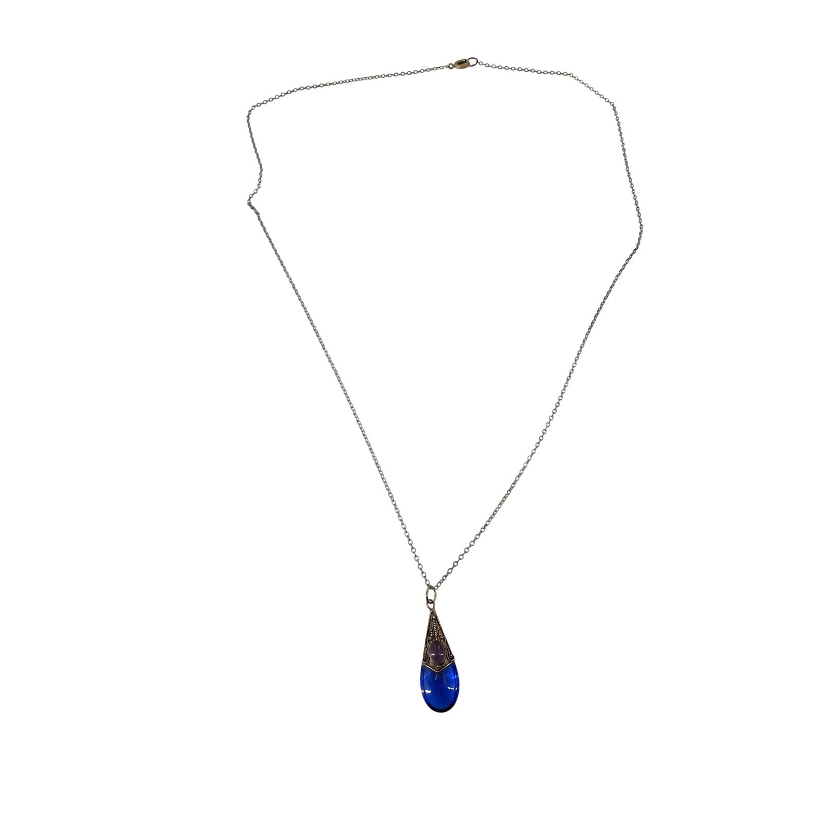 Vintage Sterling Silver 925 Cobalt Blue Glass Amethyst Teardrop Necklace 24" - View 12