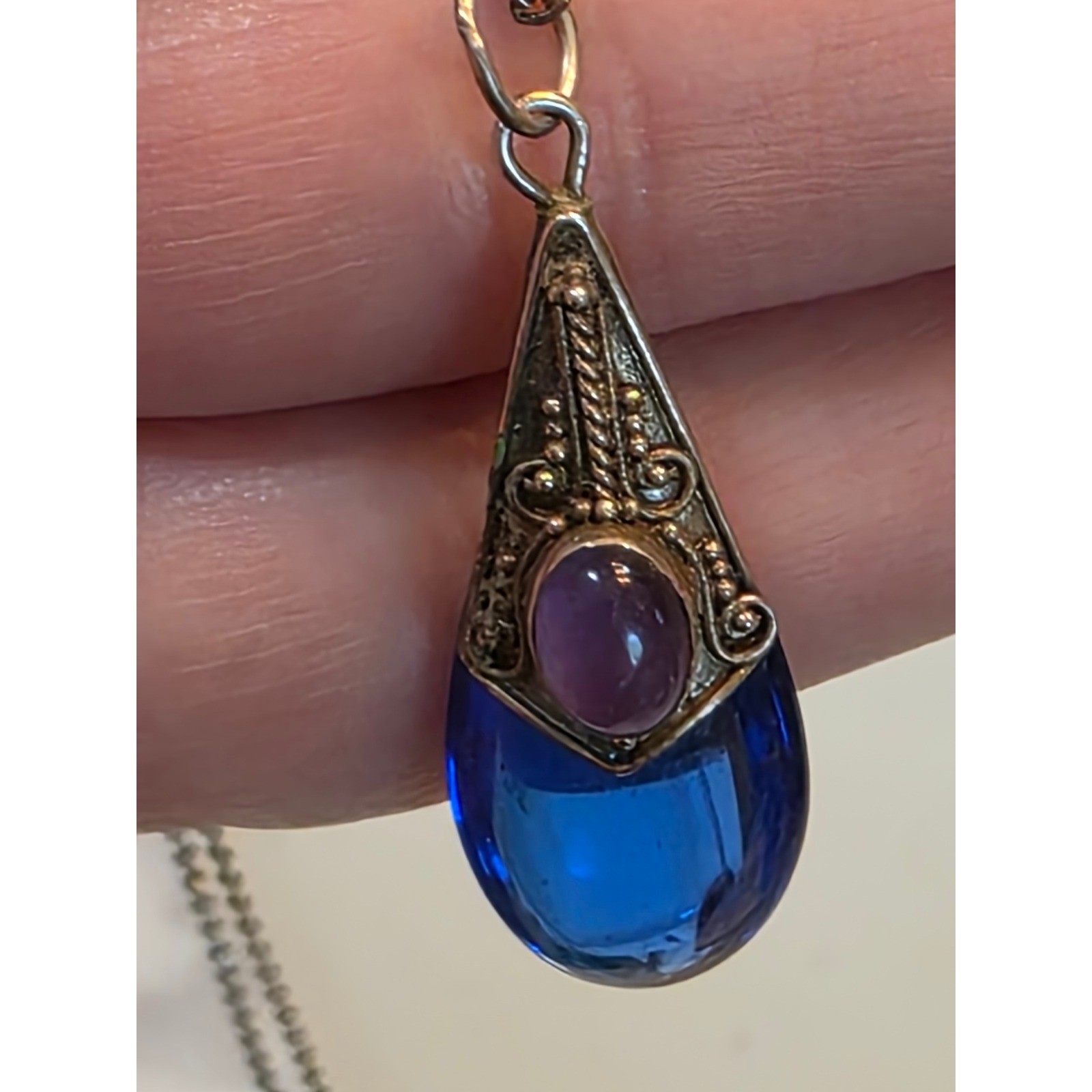 Vintage Sterling Silver 925 Cobalt Blue Glass Amethyst Teardrop Necklace 24" - View 13