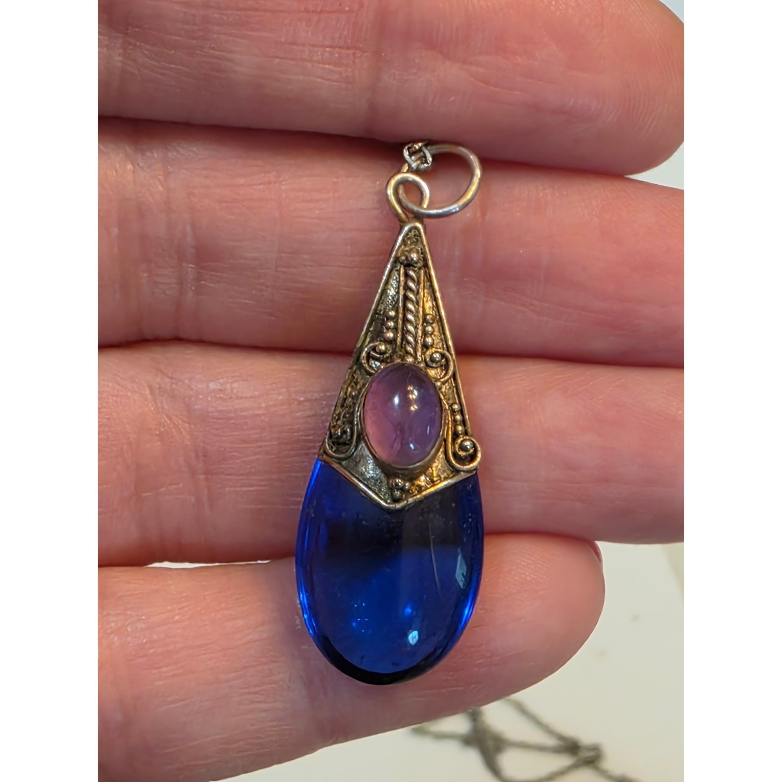 Vintage Sterling Silver 925 Cobalt Blue Glass Amethyst Teardrop Necklace 24" - View 16
