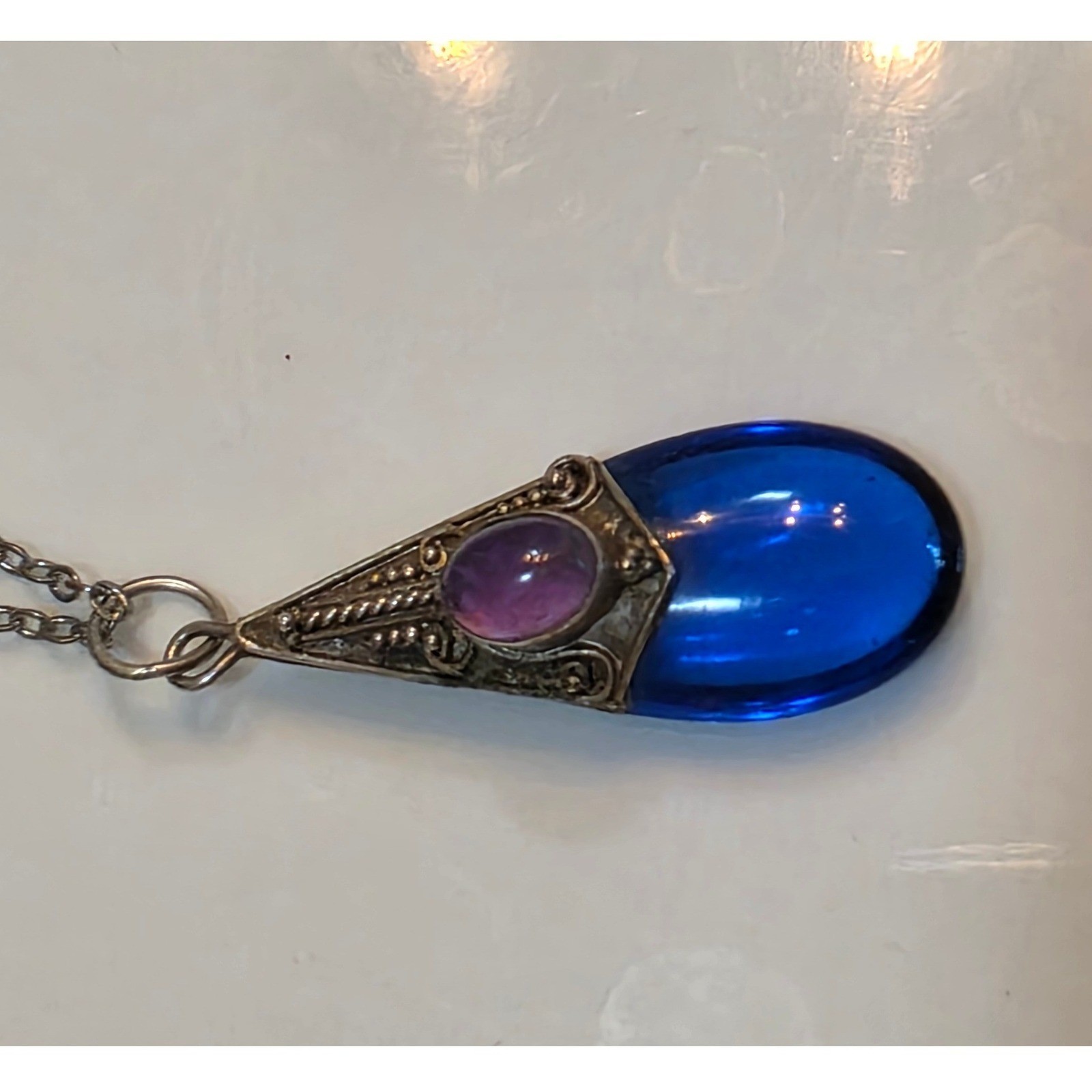 Vintage Sterling Silver 925 Cobalt Blue Glass Amethyst Teardrop Necklace 24" - View 17
