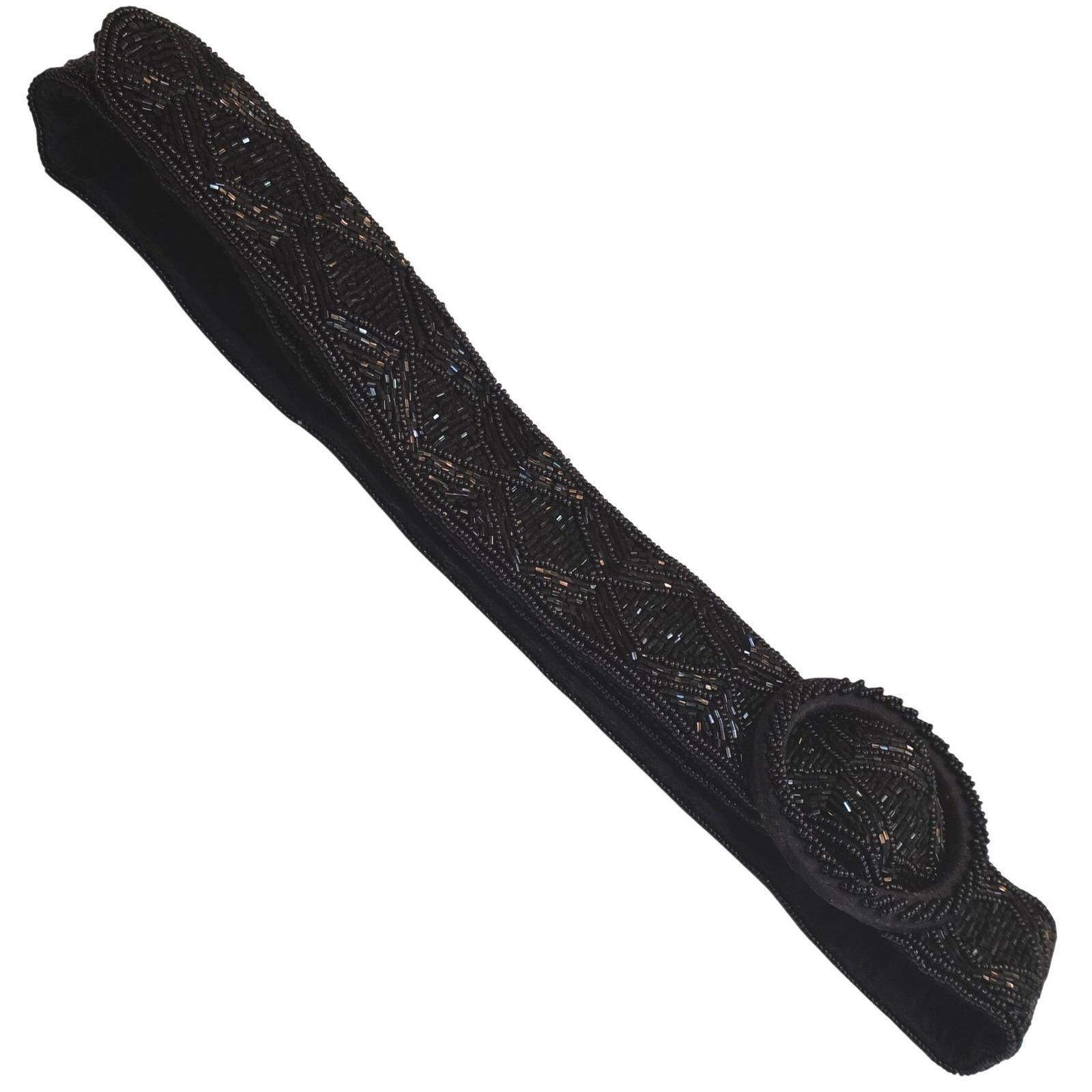 La Regale Vintage Black Beaded Geometric Diamond Round Buckle Belt Size M