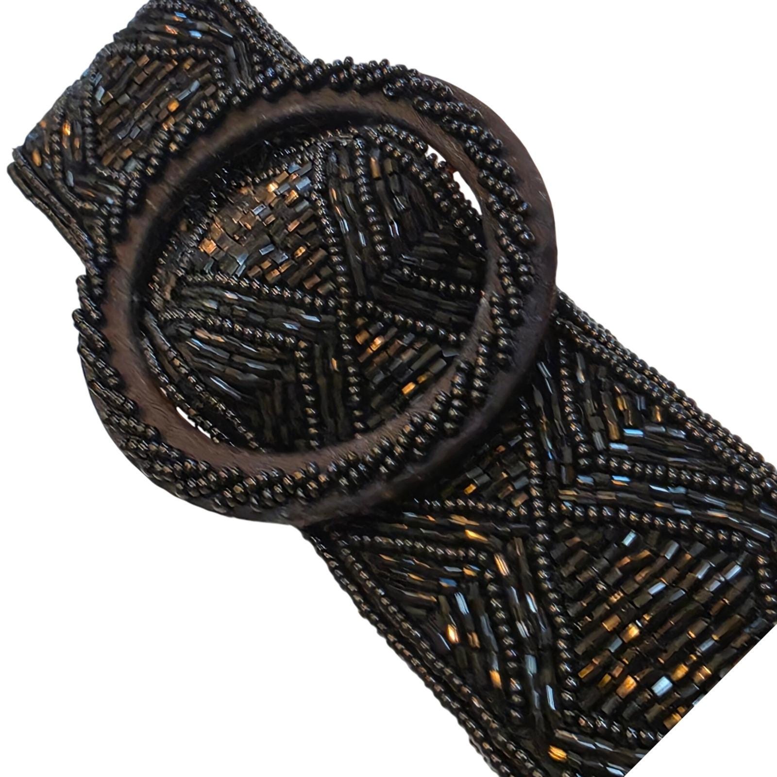 La Regale Vintage Black Beaded Geometric Diamond Round Buckle Belt Size M - View 3
