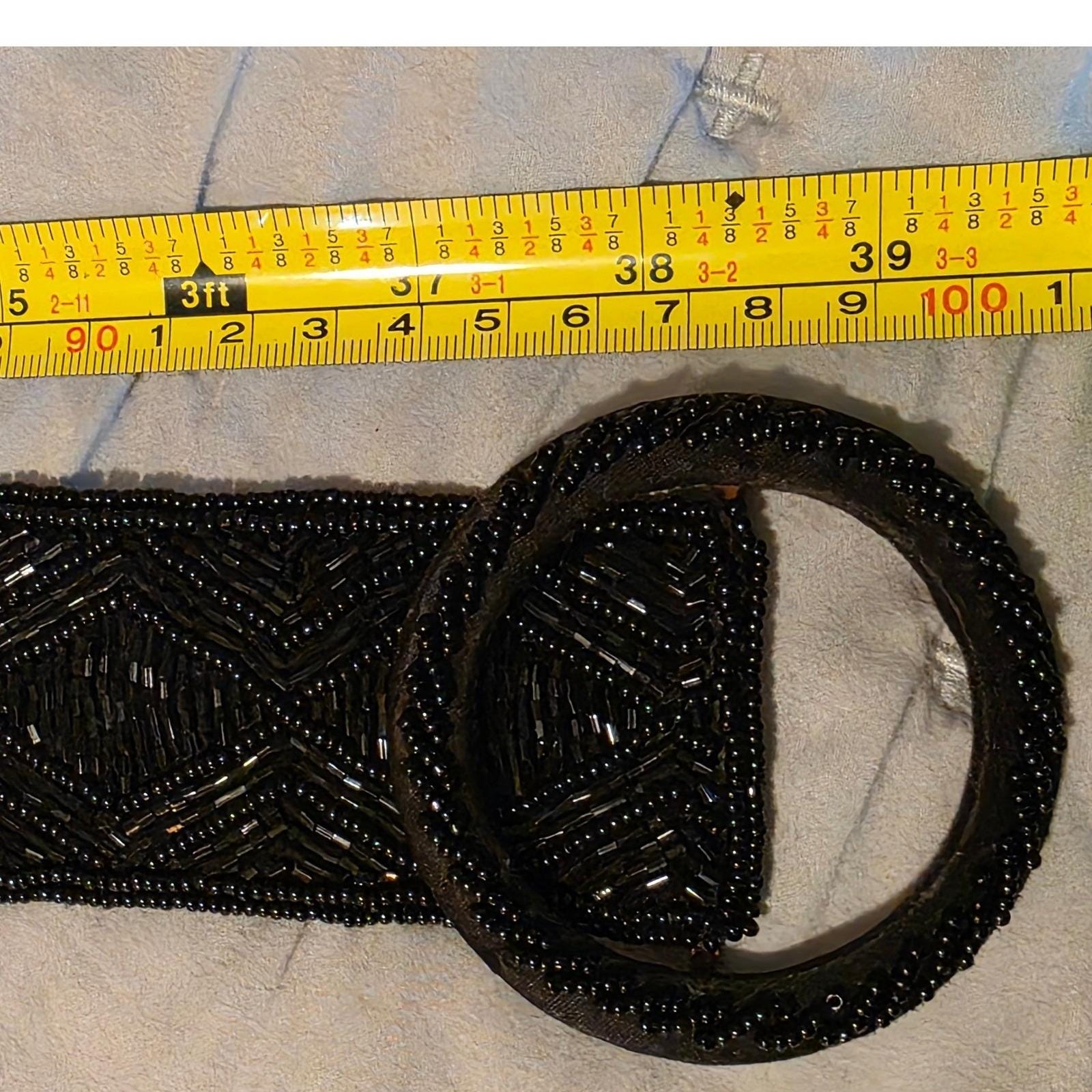 La Regale Vintage Black Beaded Geometric Diamond Round Buckle Belt Size M - View 4