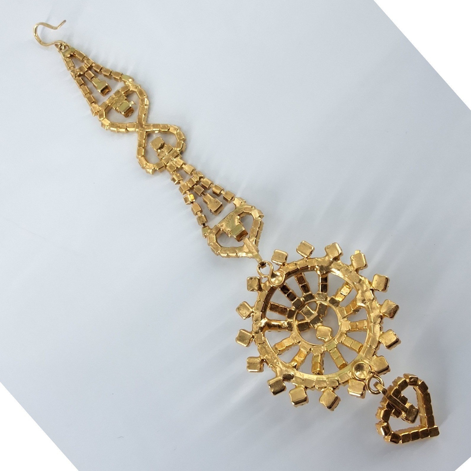 Gold Tone Rhinestone Maang Tikka Heart Sunburst Indian Bridal Headpiece 6.5in - View 5