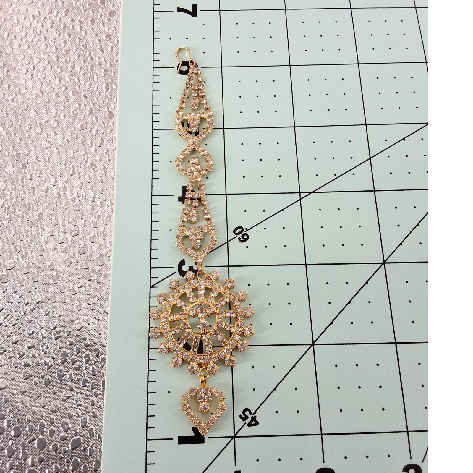 Gold Tone Rhinestone Maang Tikka Heart Sunburst Indian Bridal Headpiece 6.5in - View 6